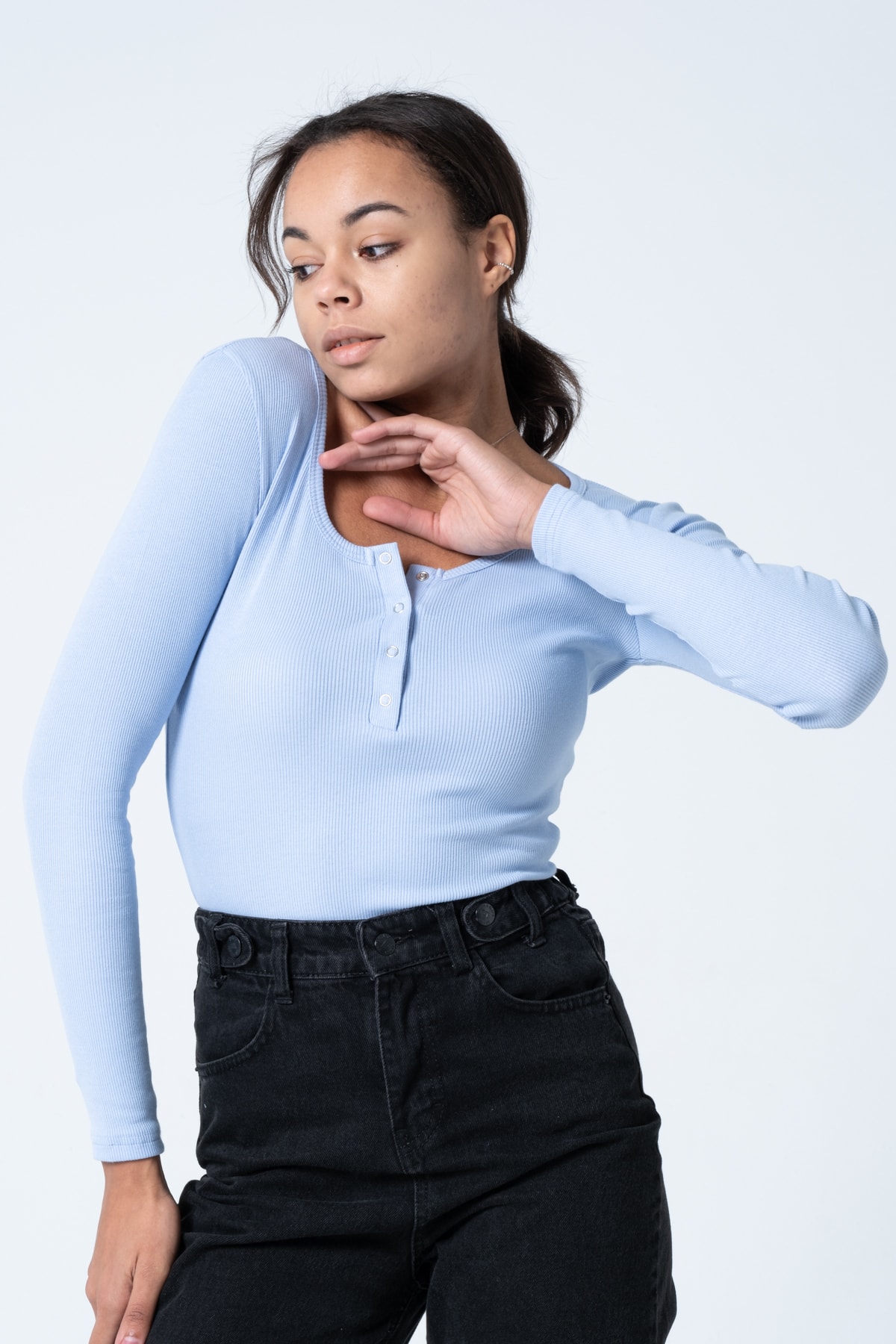 Kadın Kahverengi Çıtçıtlı Örme Uzun Kollu Bluz