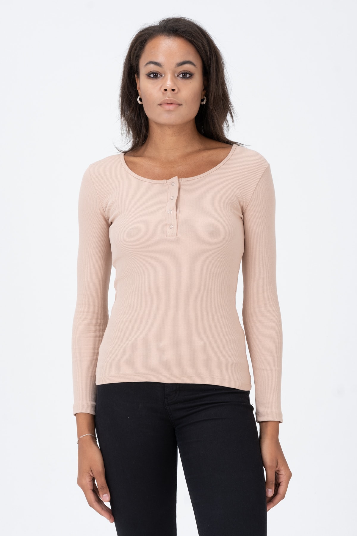 Kadın Kahverengi Çıtçıtlı Örme Uzun Kollu Bluz