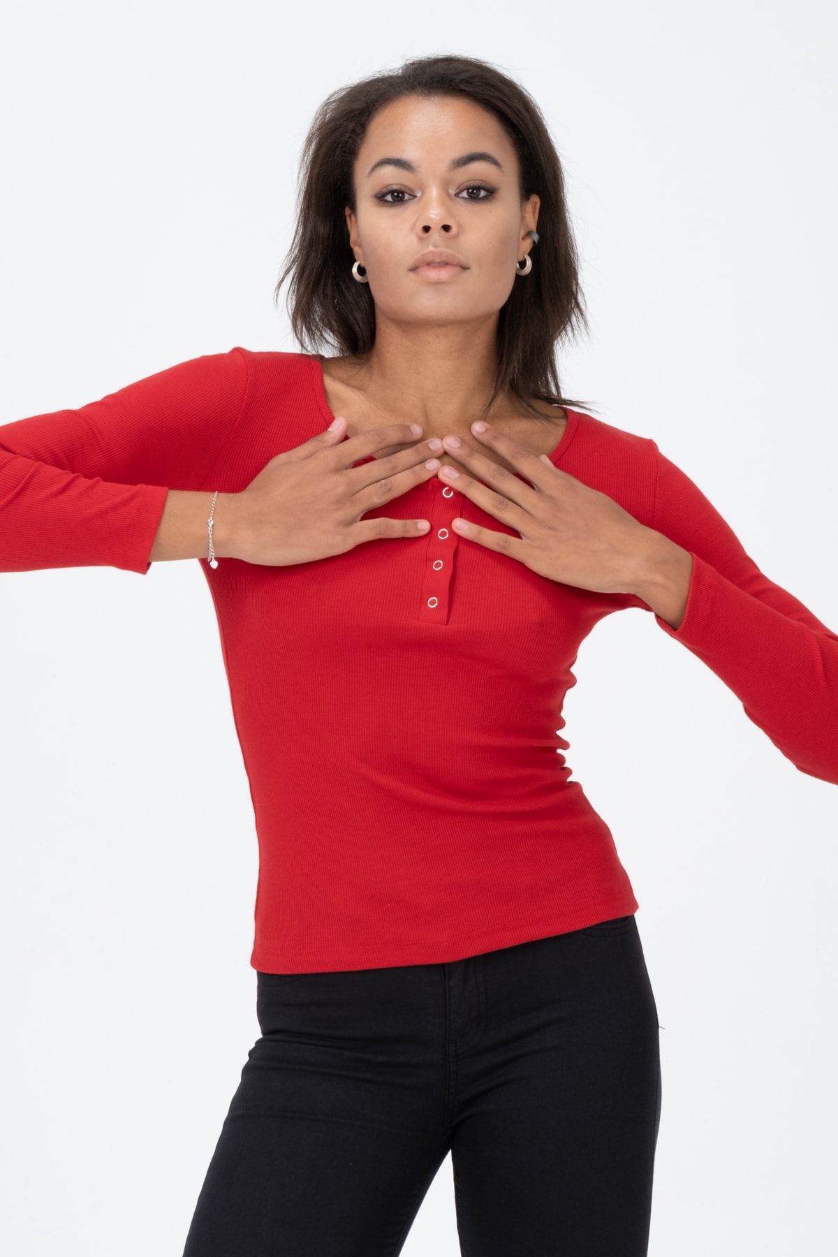 Kadın Kahverengi Çıtçıtlı Örme Uzun Kollu Bluz