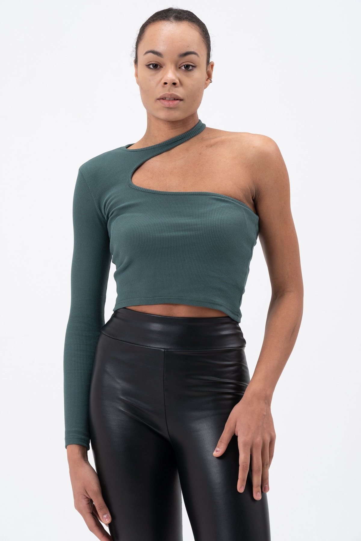 Kadın Petrol Yeşili Dekolte Tek Kollu Bluz