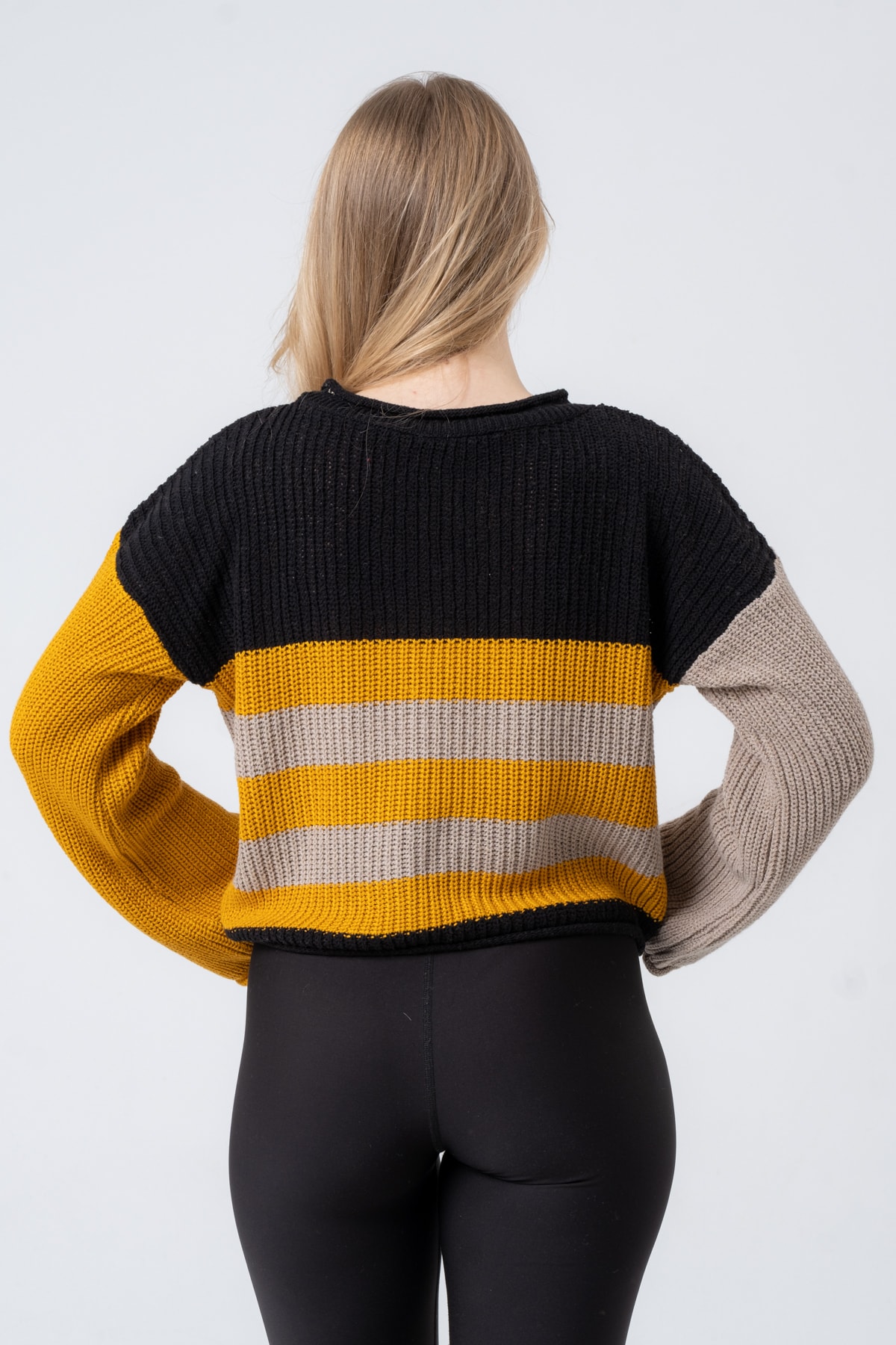 Kadın Bisiklet Yaka Çizgili Uzun Kollu Triko Kazak