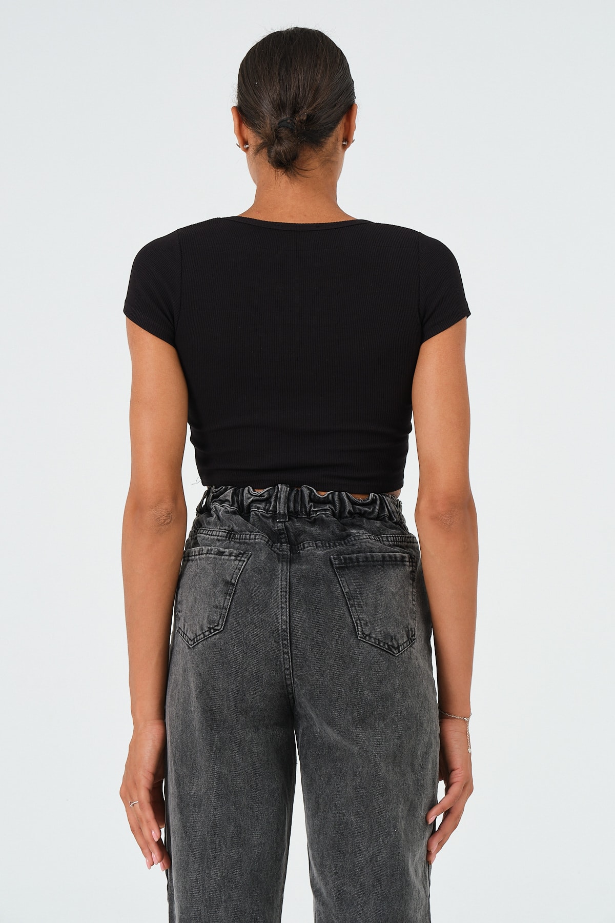 Kadın Sax Mavi U Yaka Kısa Kollu Crop Bluz