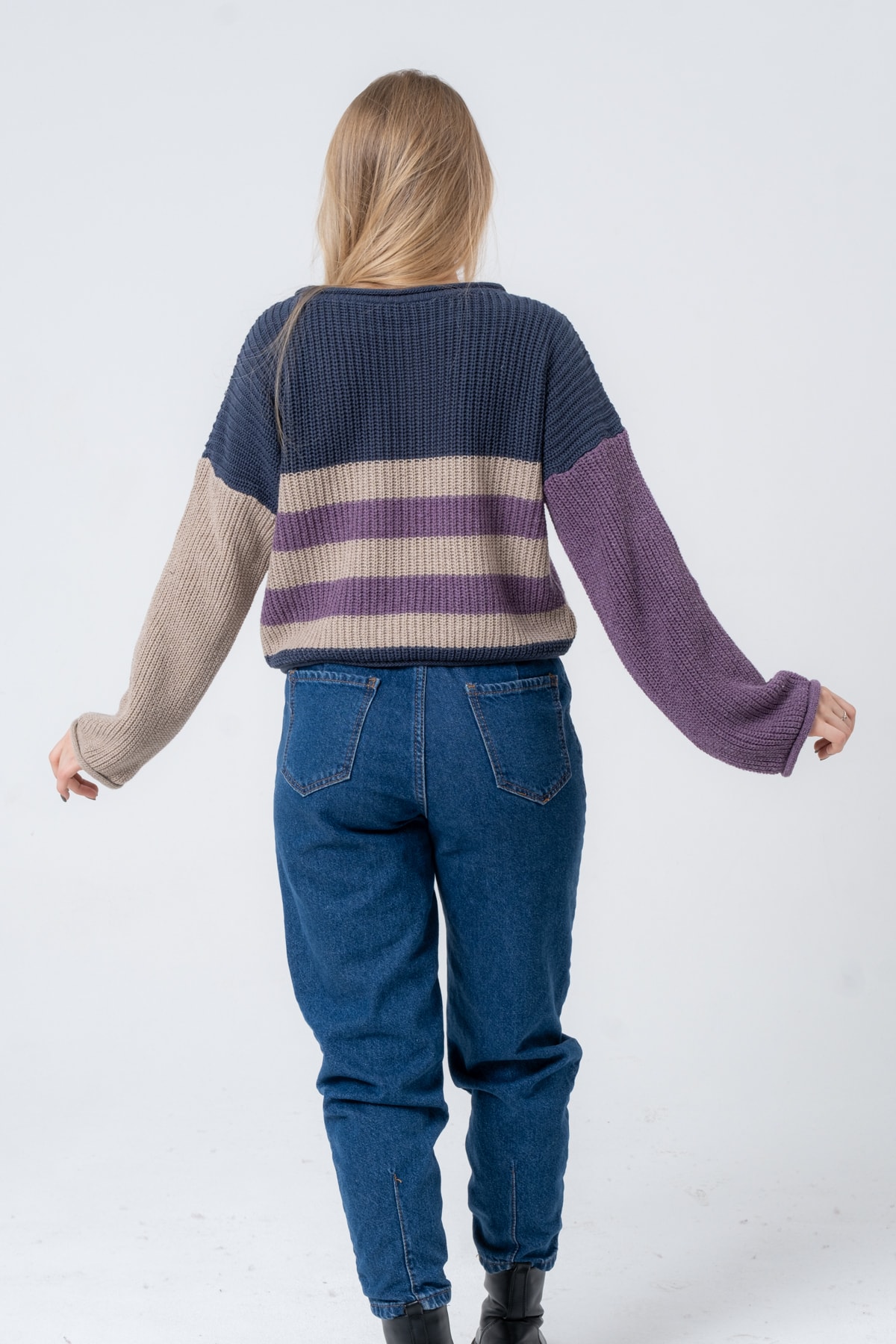 Kadın Bisiklet Yaka Çizgili Uzun Kollu Triko Kazak