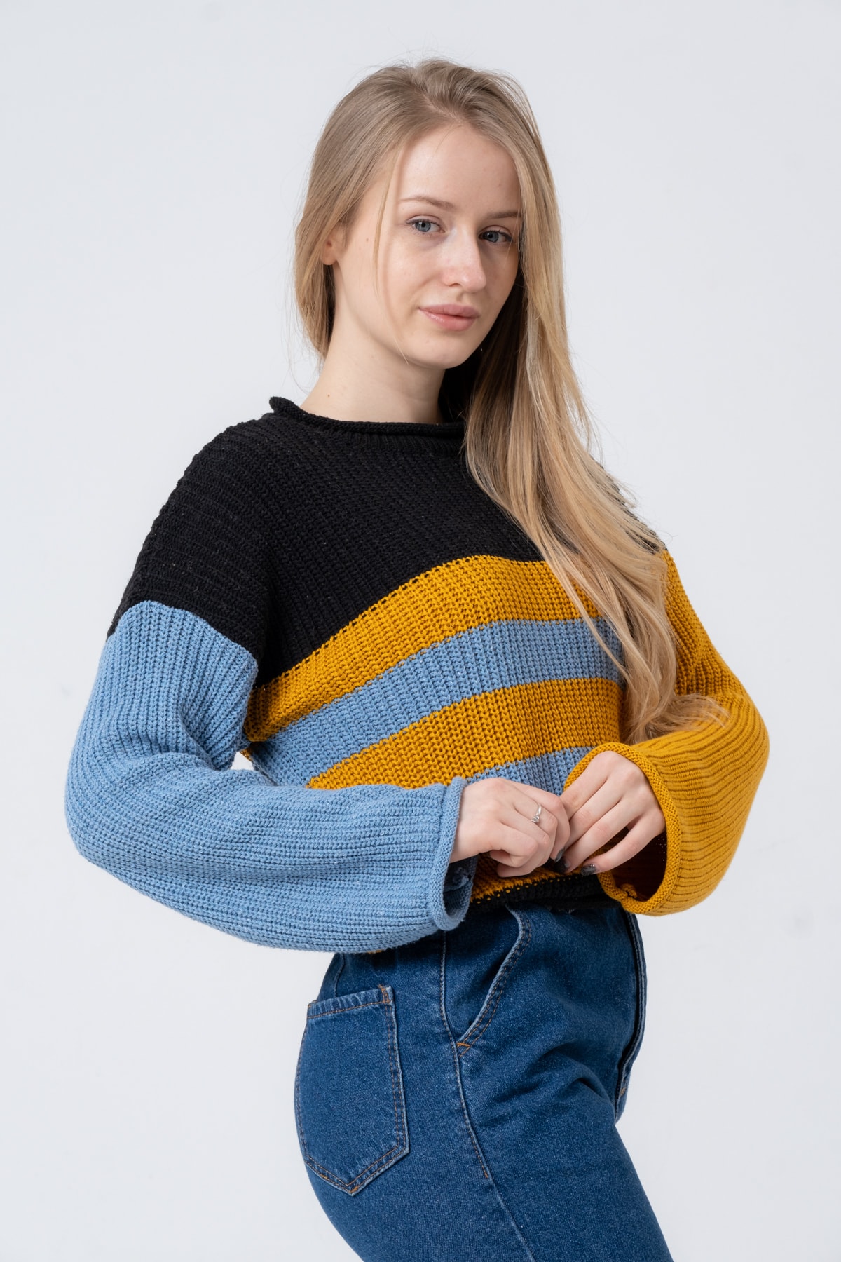 Kadın Bisiklet Yaka Çizgili Uzun Kollu Triko Kazak