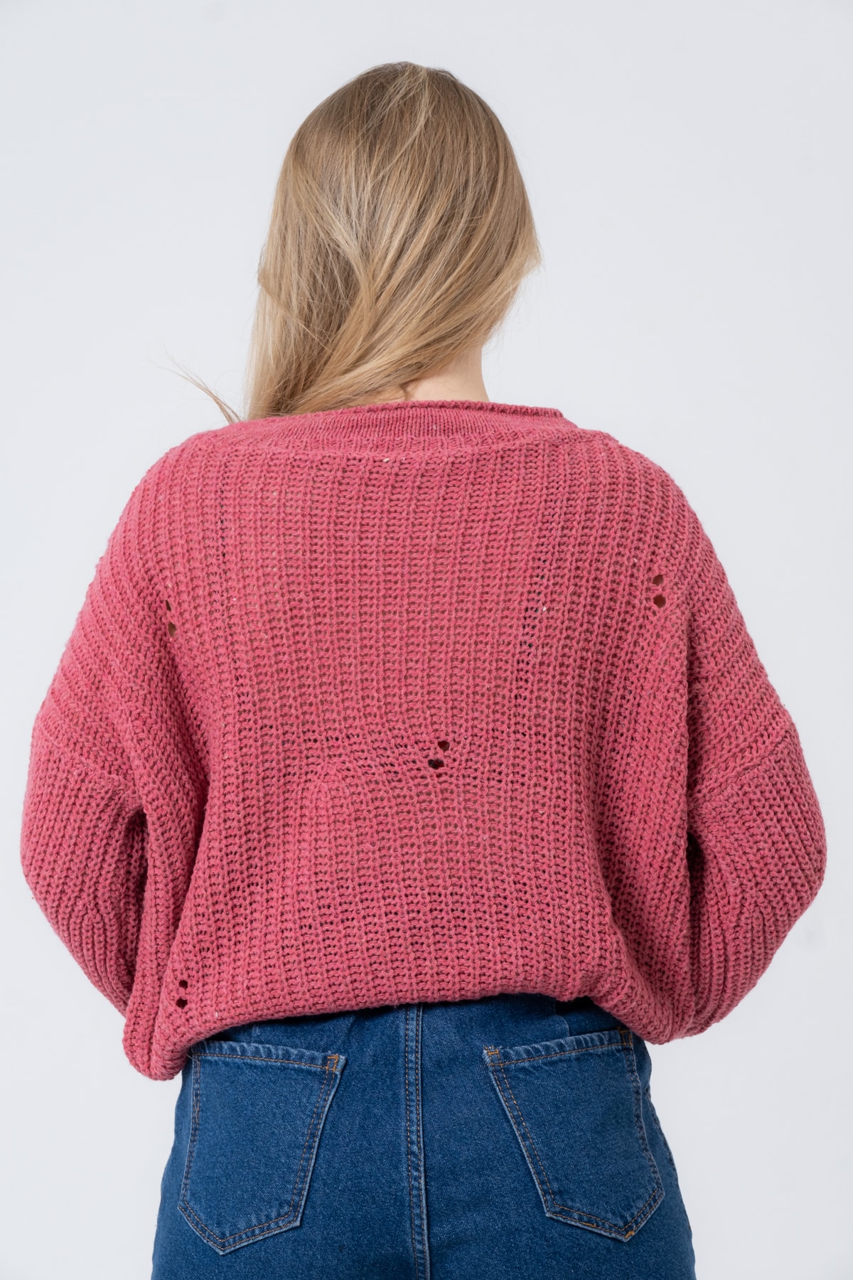 Kadın Pembe Geniş Uzun Kollu Triko Kazak