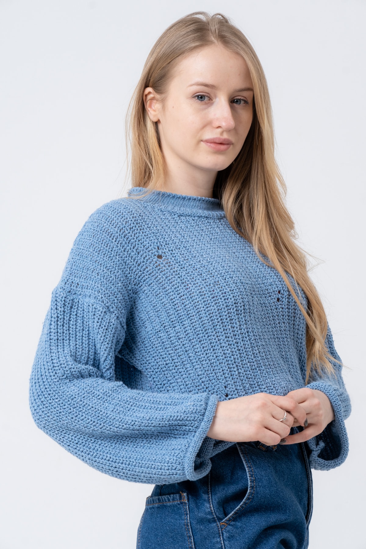 Kadın Pembe Geniş Uzun Kollu Triko Kazak