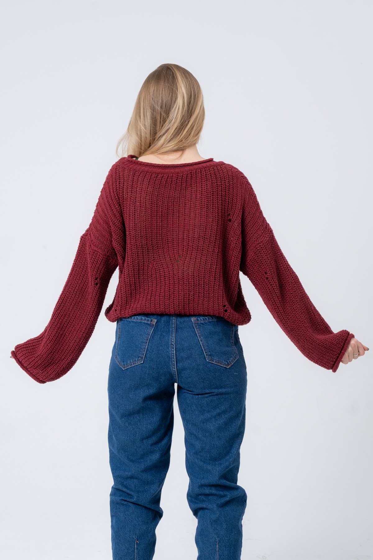 Kadın Pembe Geniş Uzun Kollu Triko Kazak