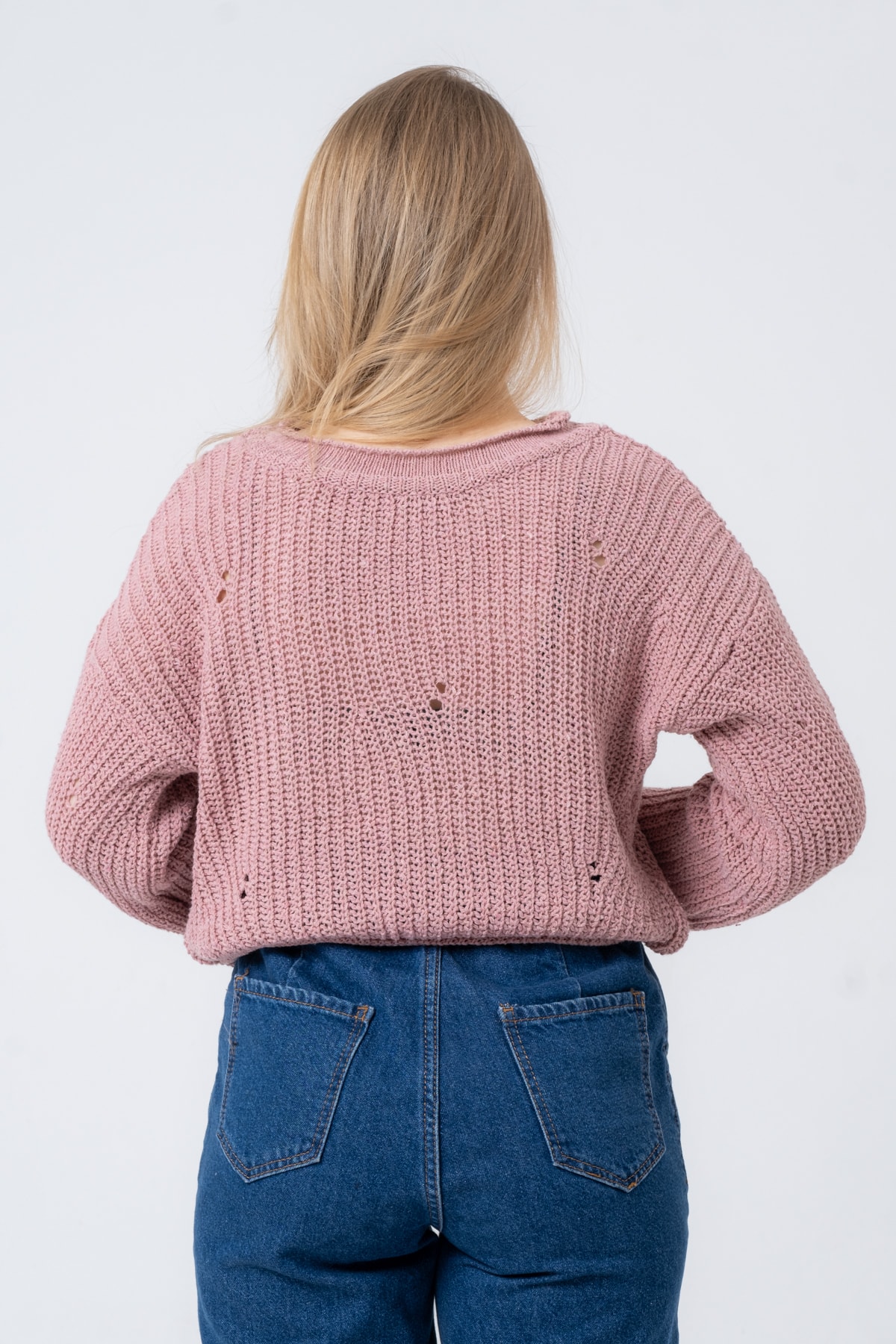 Kadın Pembe Geniş Uzun Kollu Triko Kazak