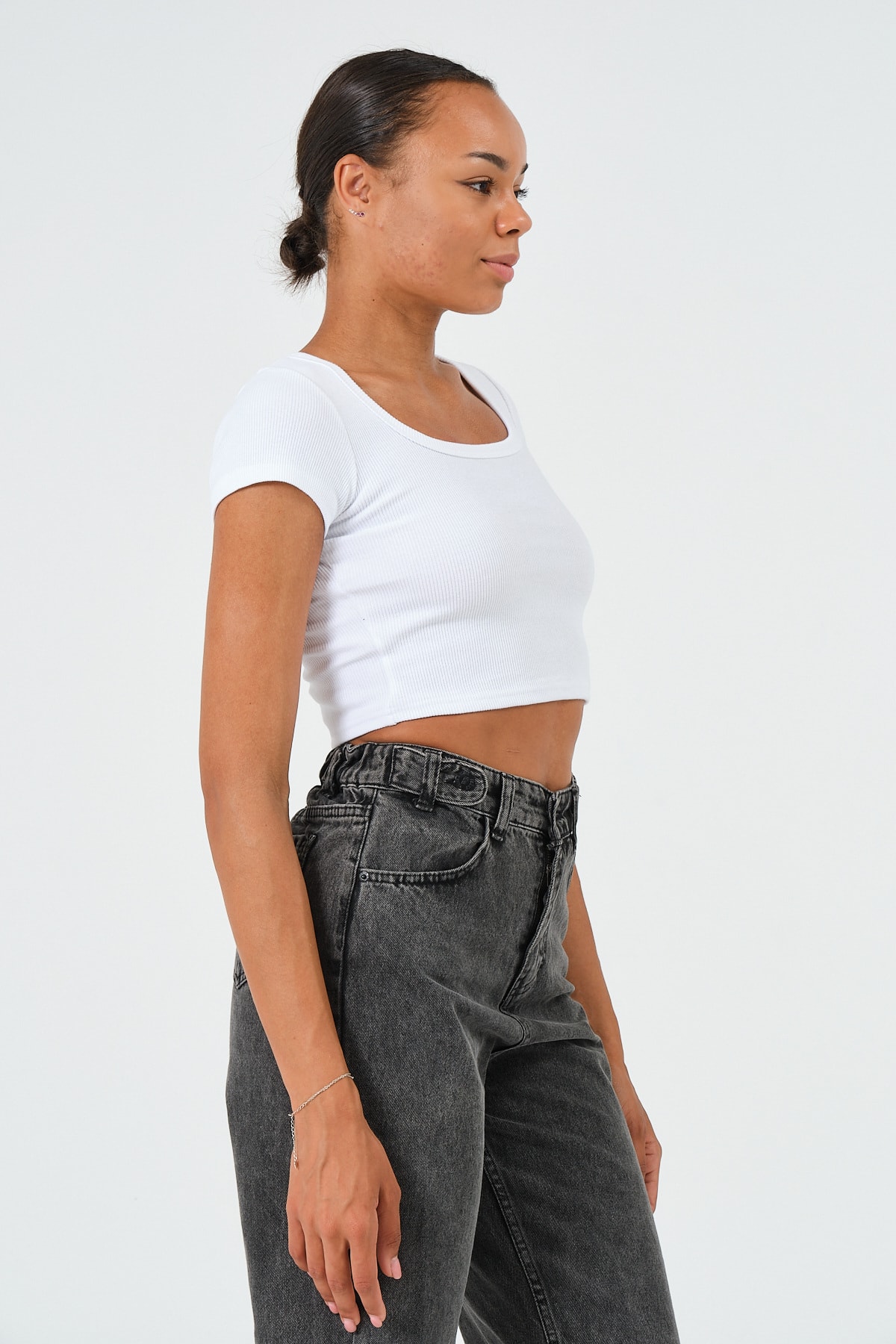 Kadın Sax Mavi U Yaka Kısa Kollu Crop Bluz