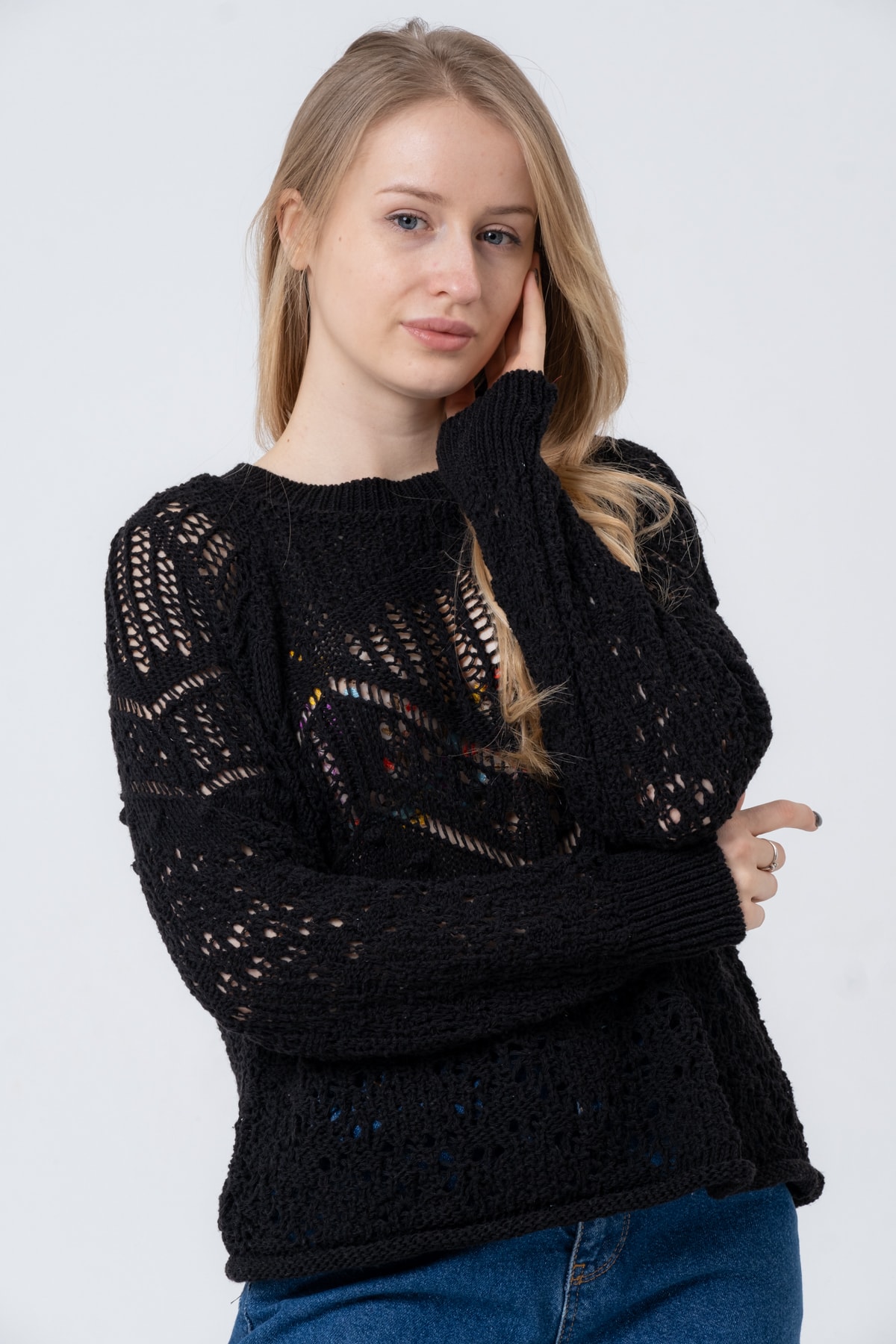 Kadın Antrasit Ajurlu Uzun Kollu Triko Kazak