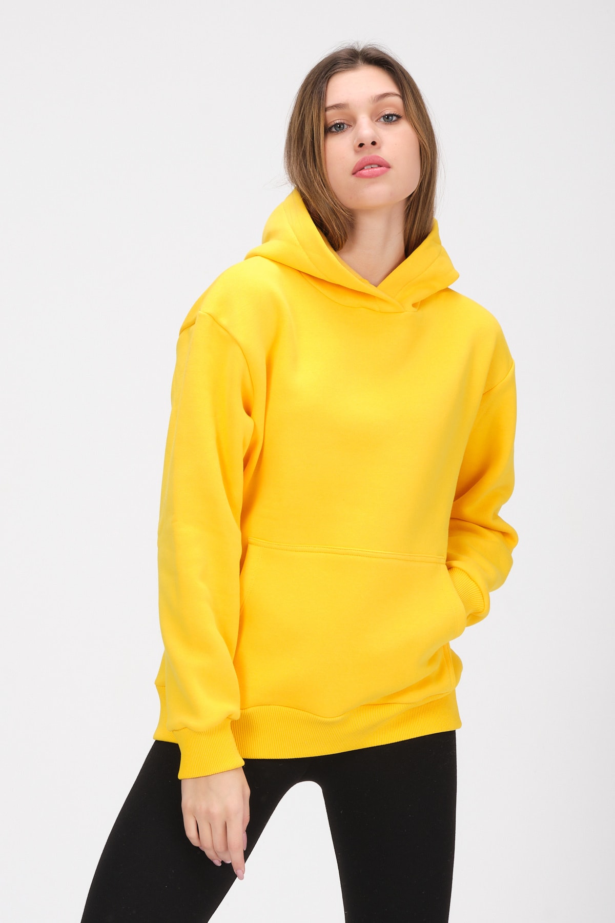 Kadın Sarı Kapüşonlu Içi Polarlı Kanguru Cep Oversize Sweatshirt