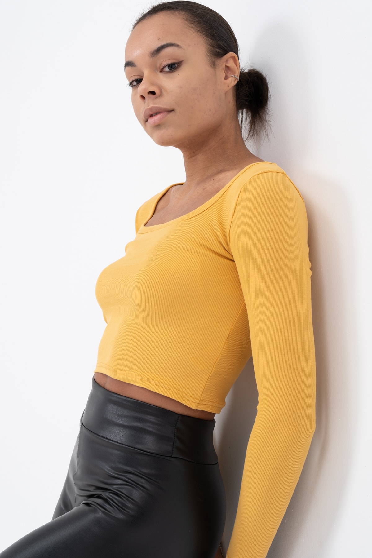 Kadın Gül Kurusu Uzun Kollu Kare Yaka Fitilli Bluz