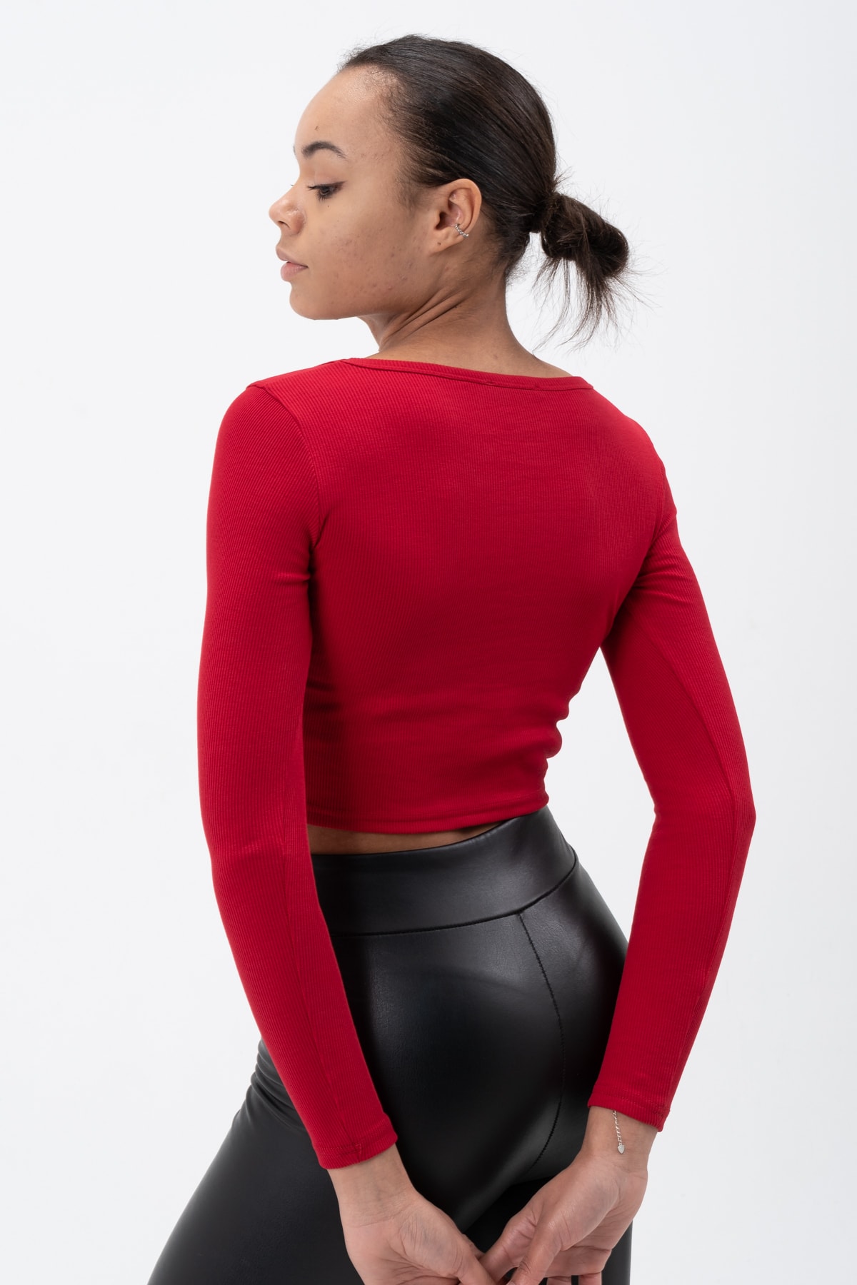 Kadın Gül Kurusu Uzun Kollu Kare Yaka Fitilli Bluz