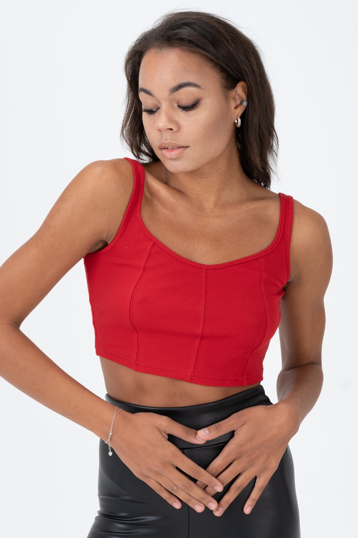 Kadın Yeşil Kalın Askılı Crop Bluz