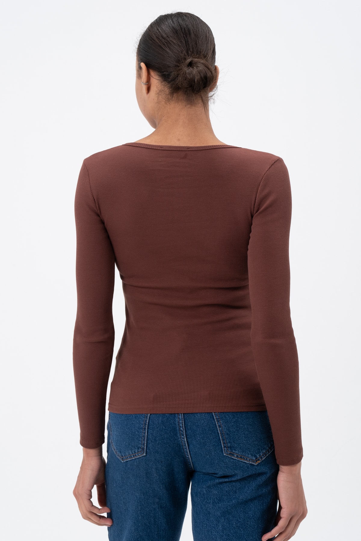 Kadın Kahverengi Çıtçıtlı Örme Uzun Kollu Bluz