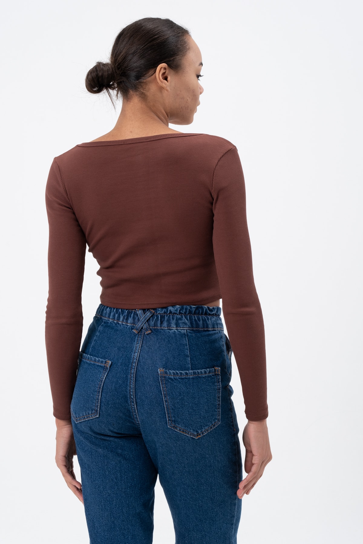 Kadın Gül Kurusu Uzun Kollu Kare Yaka Fitilli Bluz