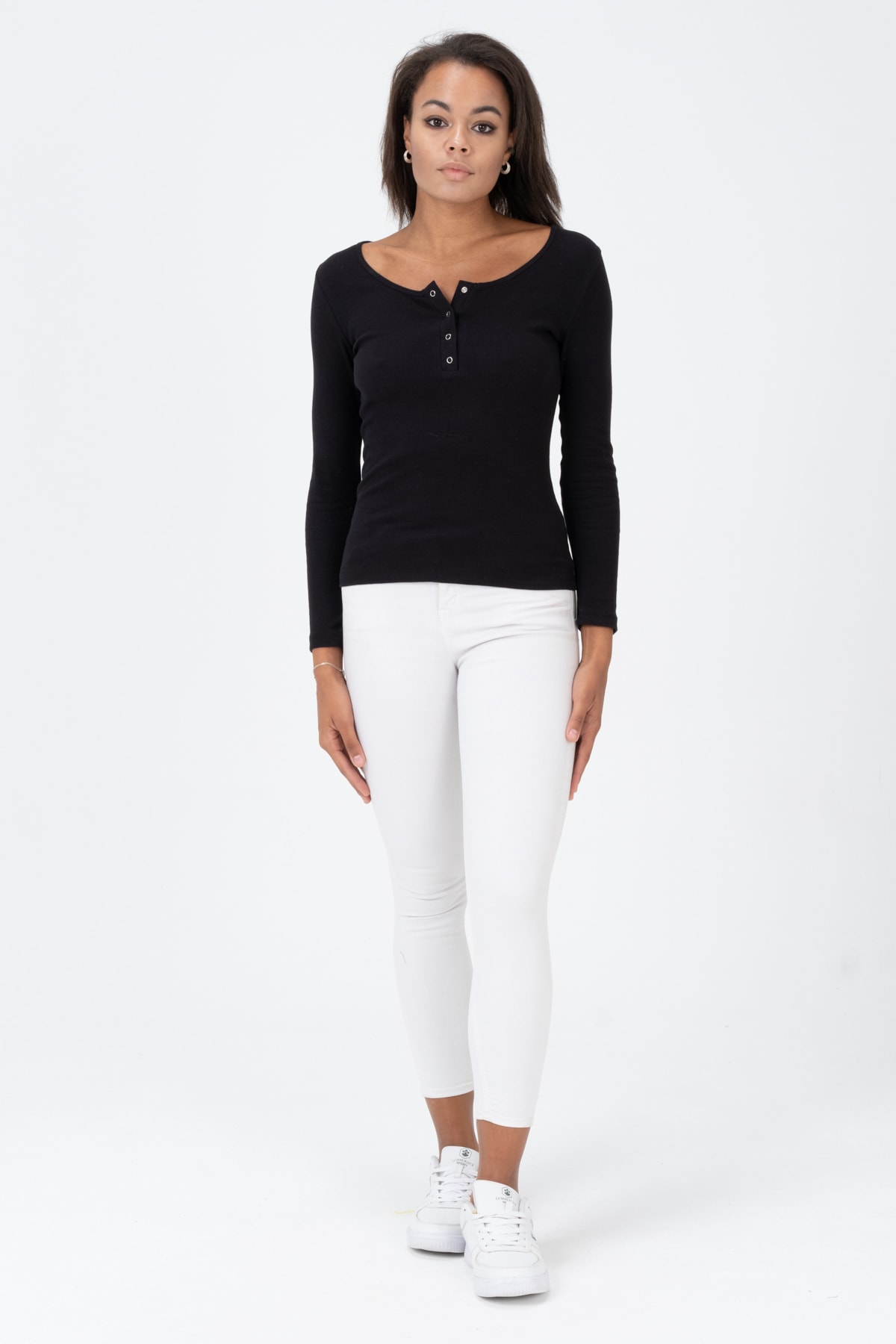 Kadın Kahverengi Çıtçıtlı Örme Uzun Kollu Bluz