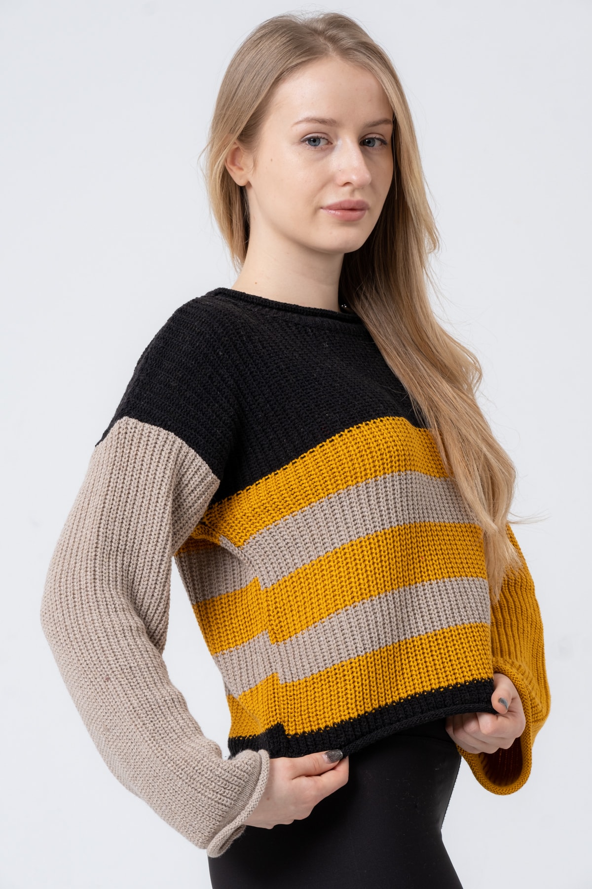 Kadın Bisiklet Yaka Çizgili Uzun Kollu Triko Kazak