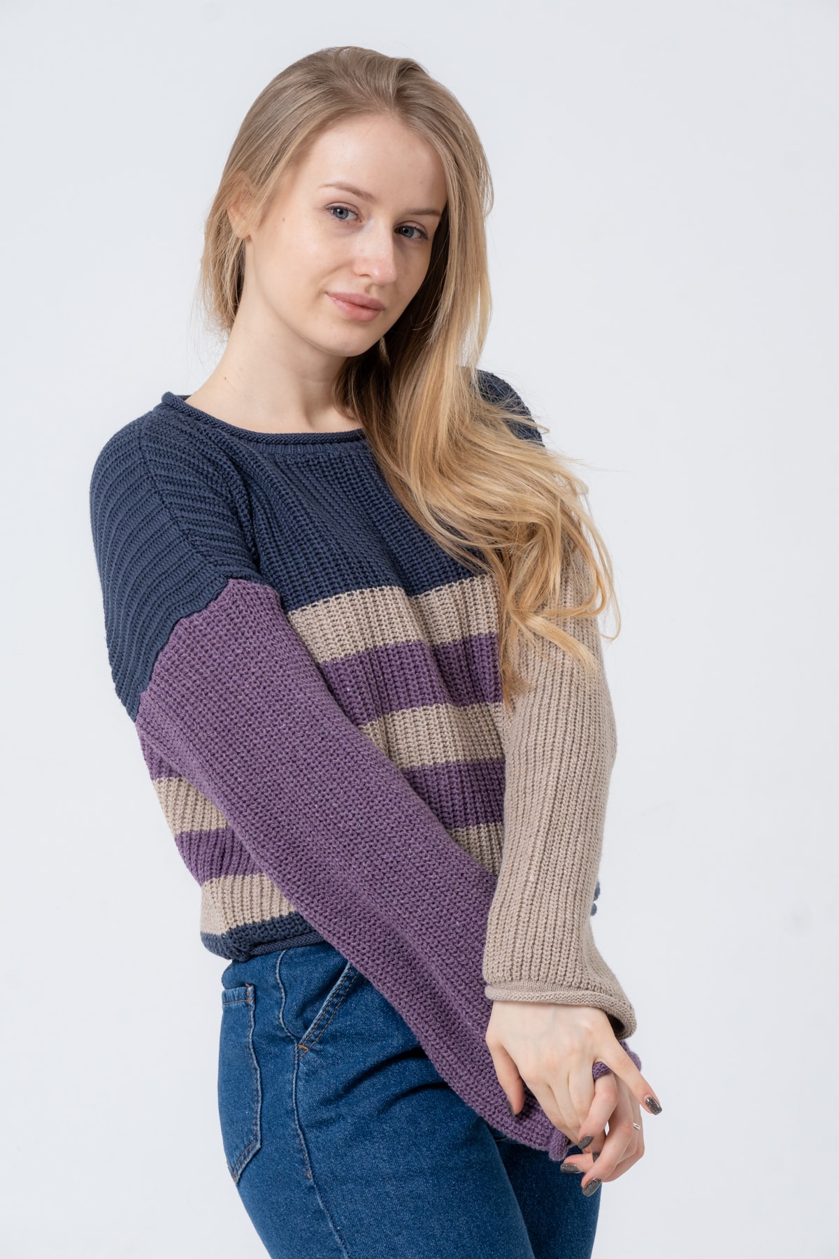 Kadın Bisiklet Yaka Çizgili Uzun Kollu Triko Kazak