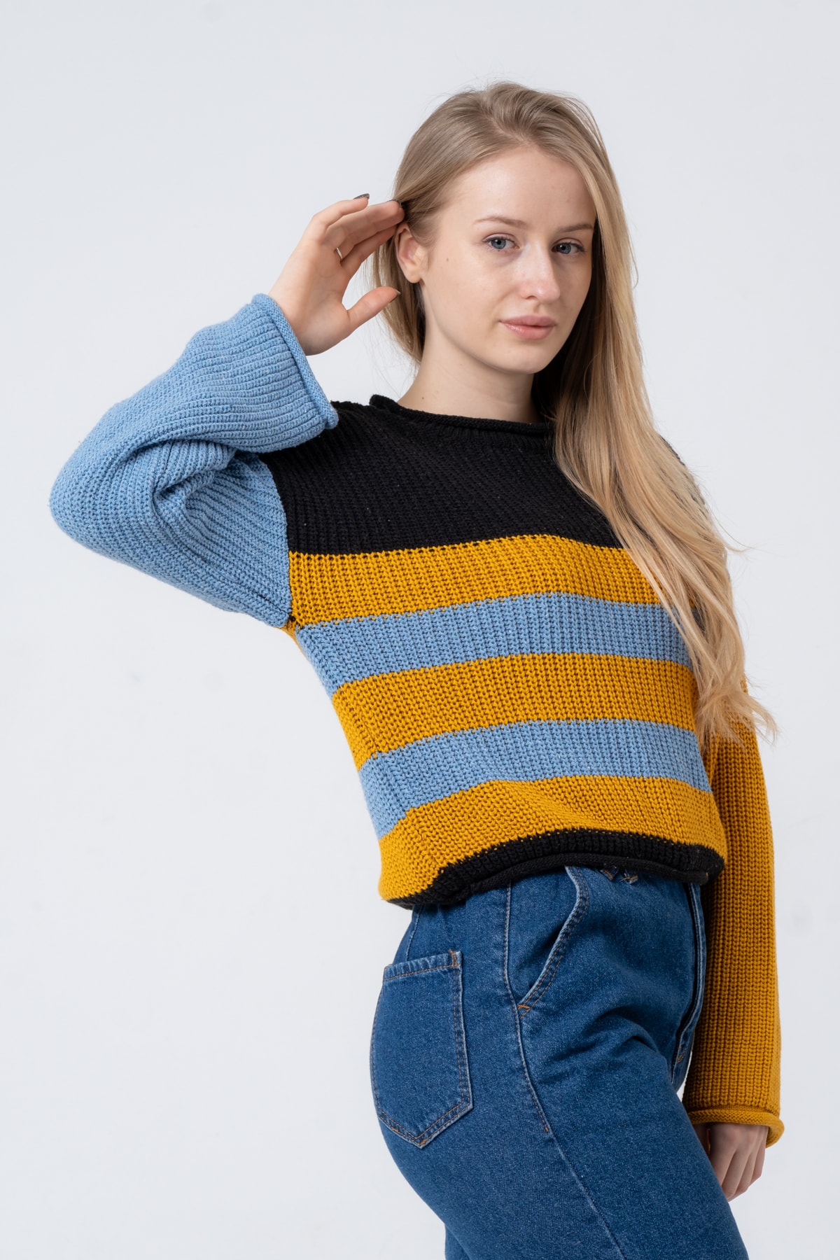 Kadın Bisiklet Yaka Çizgili Uzun Kollu Triko Kazak