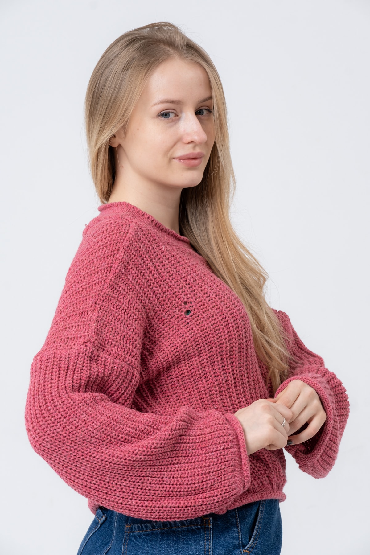 Kadın Pembe Geniş Uzun Kollu Triko Kazak