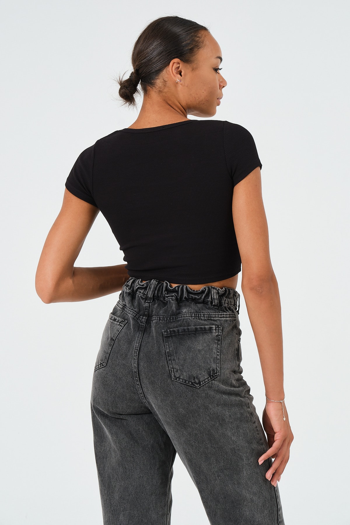 Kadın Sax Mavi U Yaka Kısa Kollu Crop Bluz