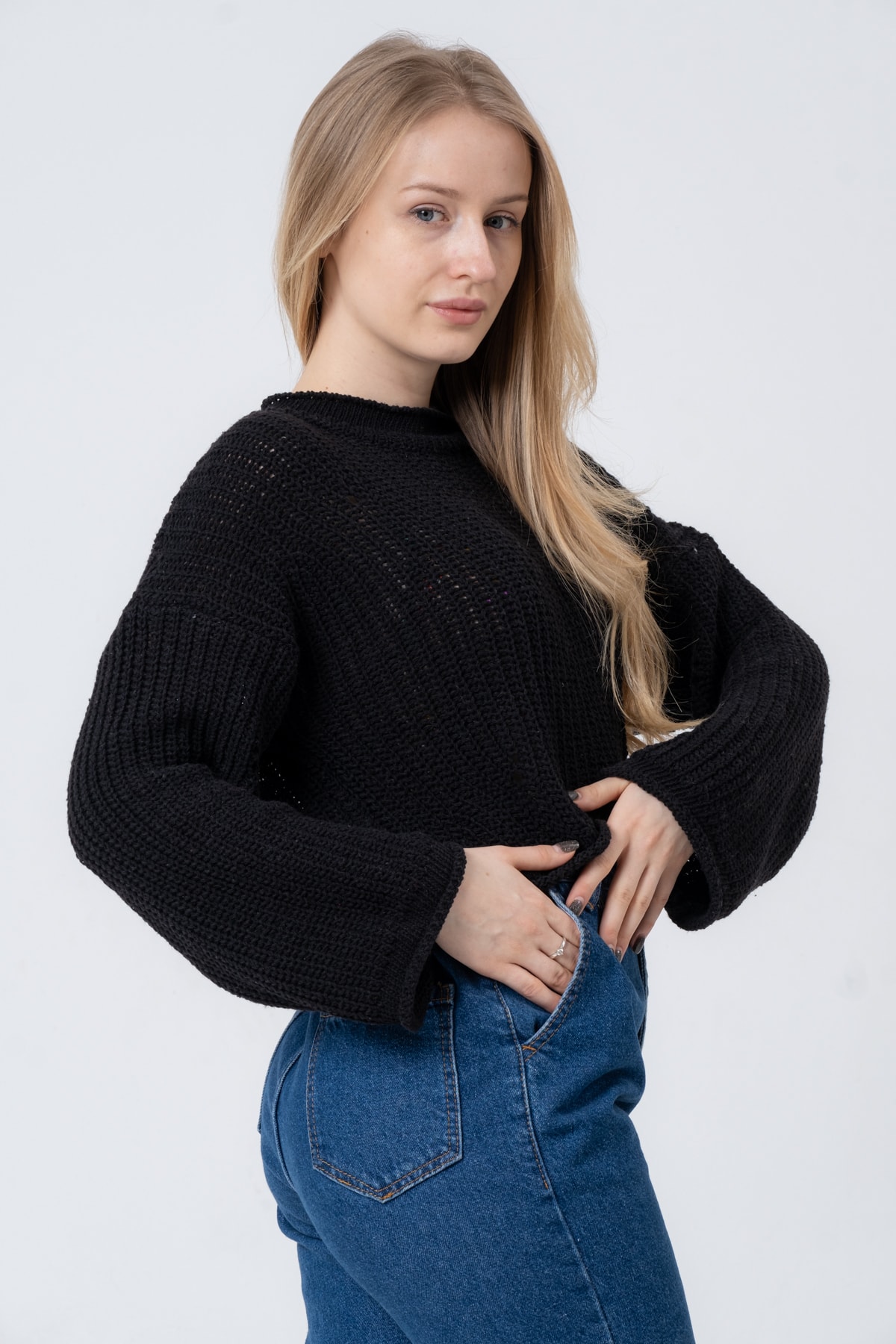 Kadın Pembe Geniş Uzun Kollu Triko Kazak