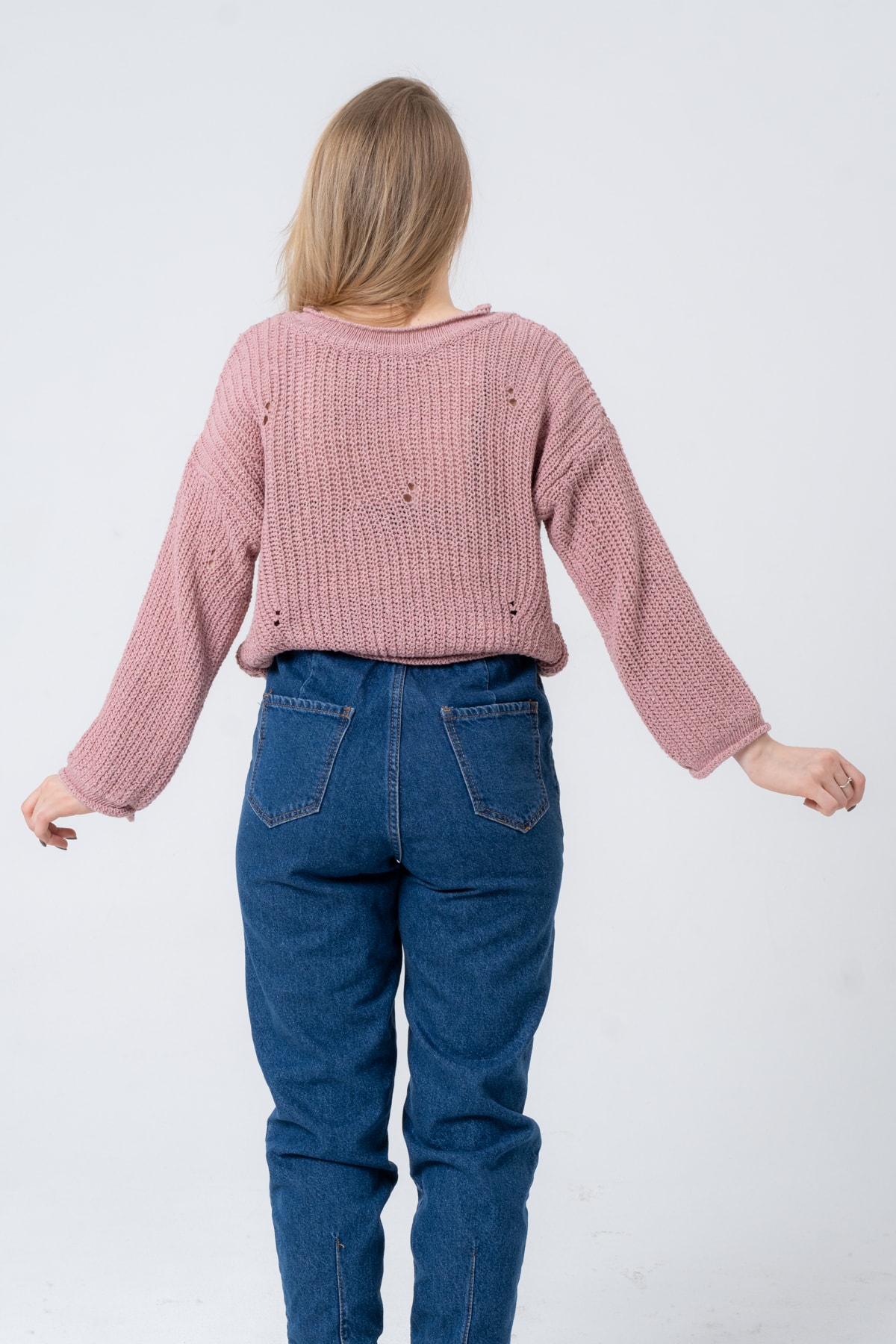 Kadın Pembe Geniş Uzun Kollu Triko Kazak