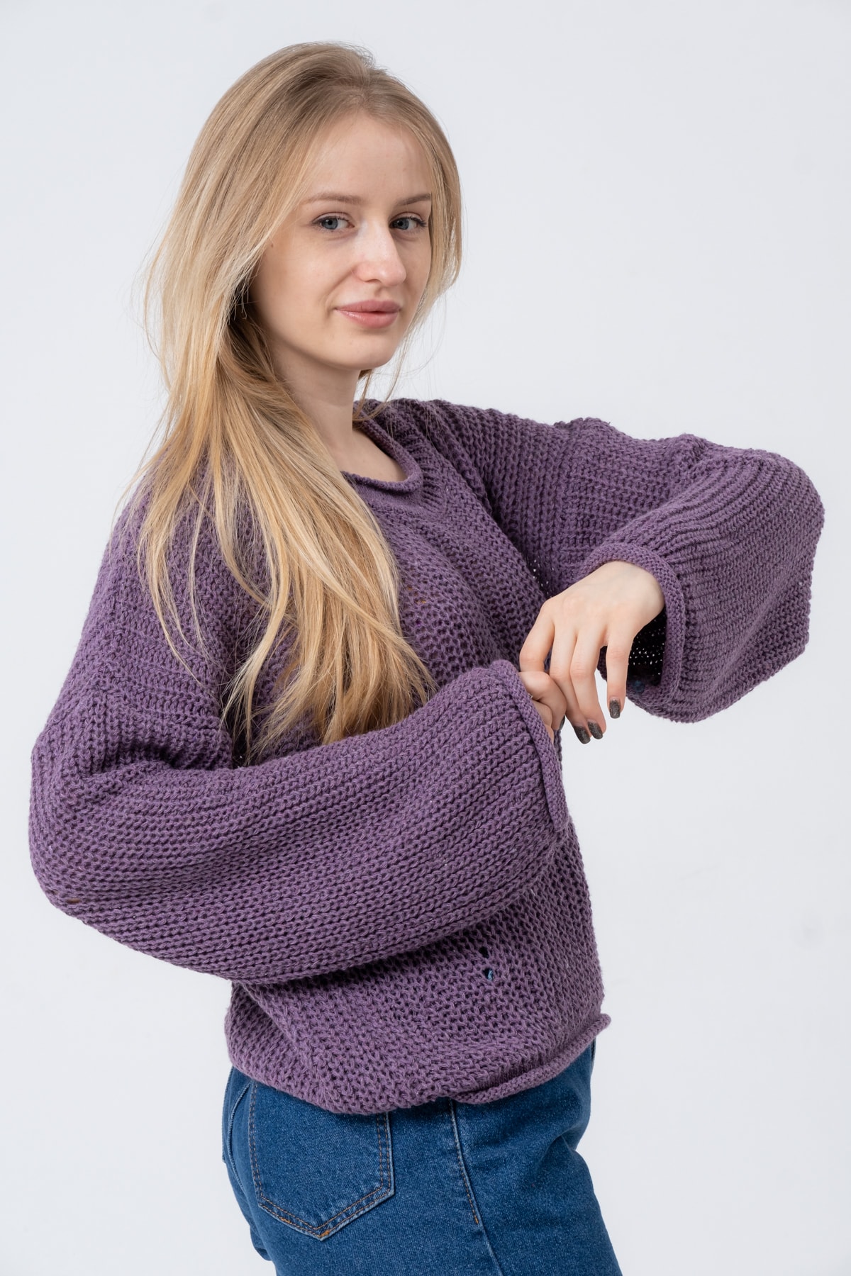 Kadın Pembe Geniş Uzun Kollu Triko Kazak