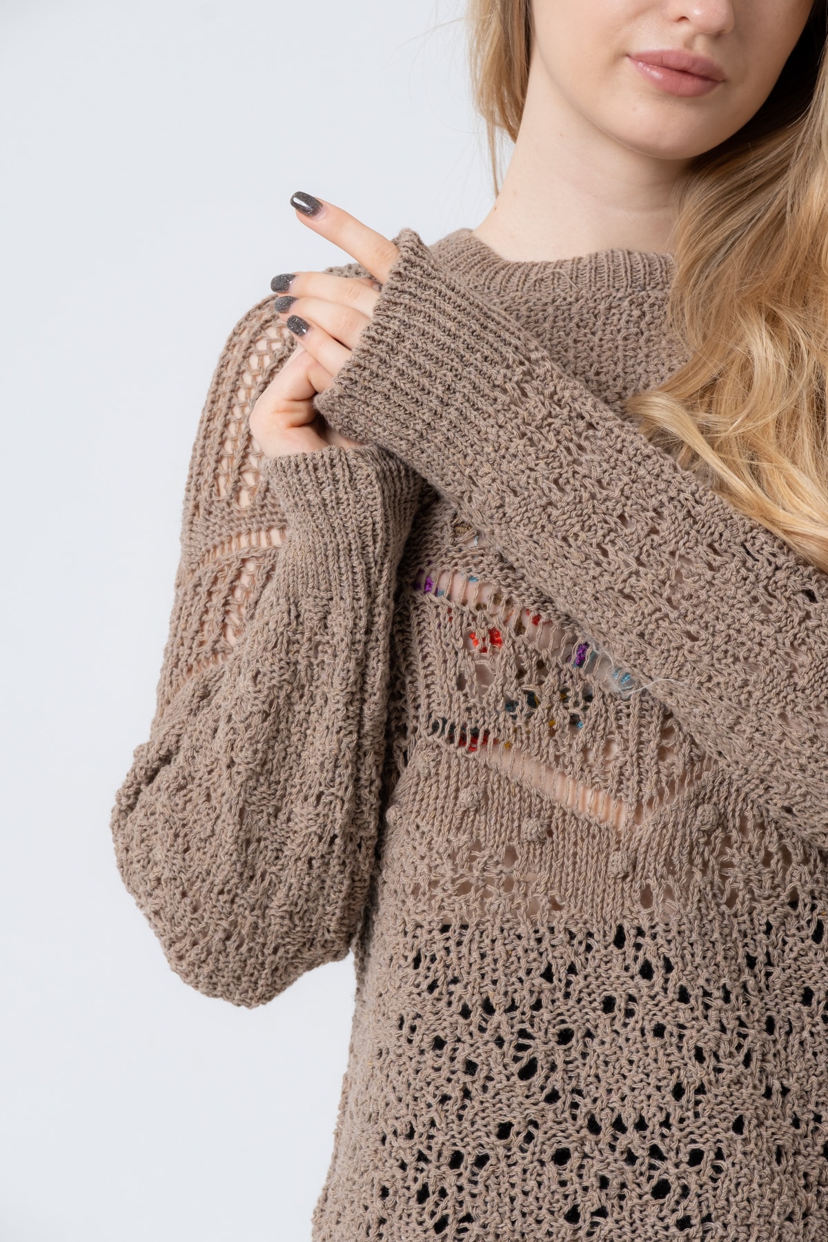 Kadın Antrasit Ajurlu Uzun Kollu Triko Kazak