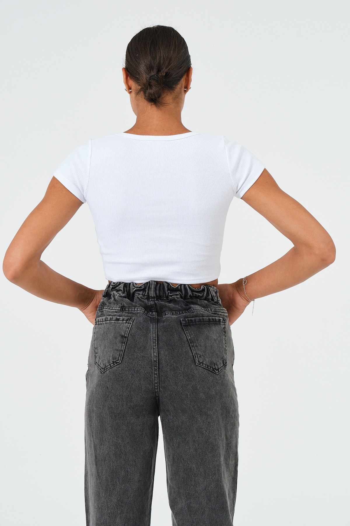 Kadın Sax Mavi U Yaka Kısa Kollu Crop Bluz