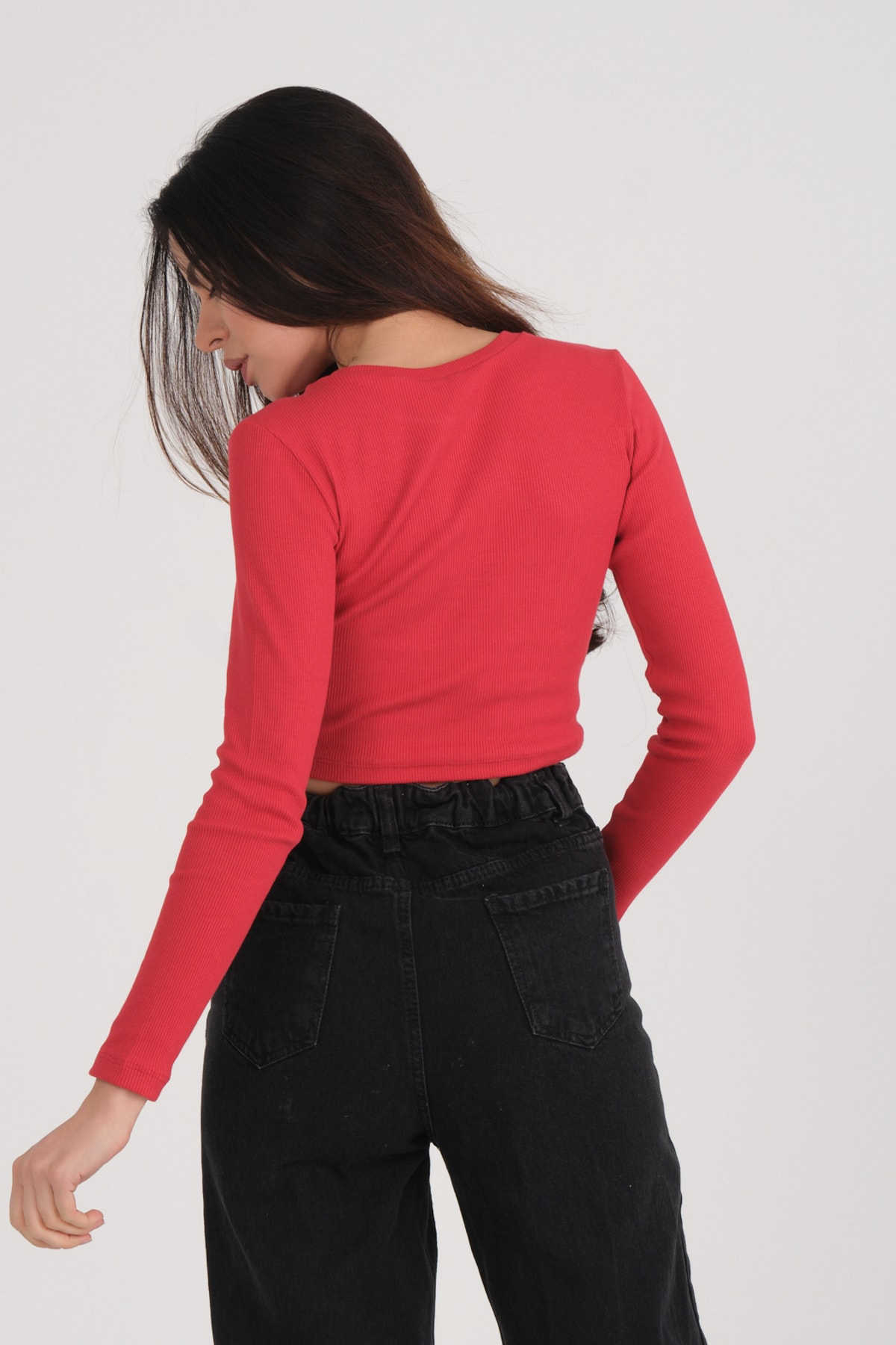 Kadın Vizon Uzun Kollu Fitilli Bluz Crop Örme T-shirt