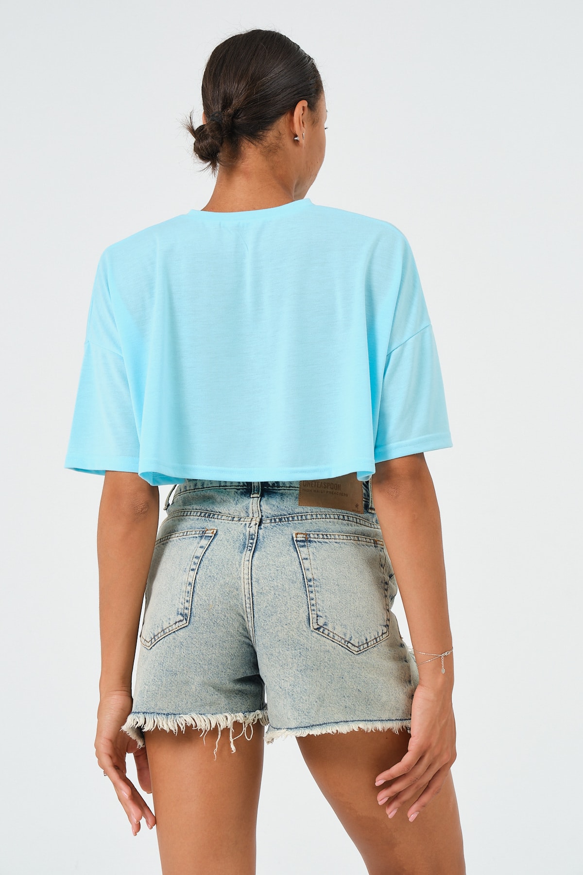 Kadın Mavi Oversize Crop T-Shirt