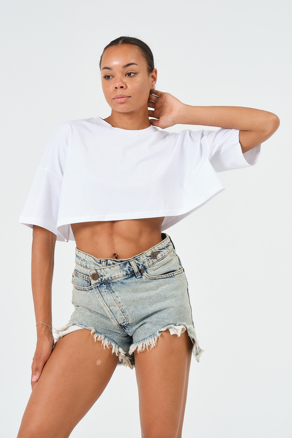 Kadın Mavi Oversize Crop T-Shirt
