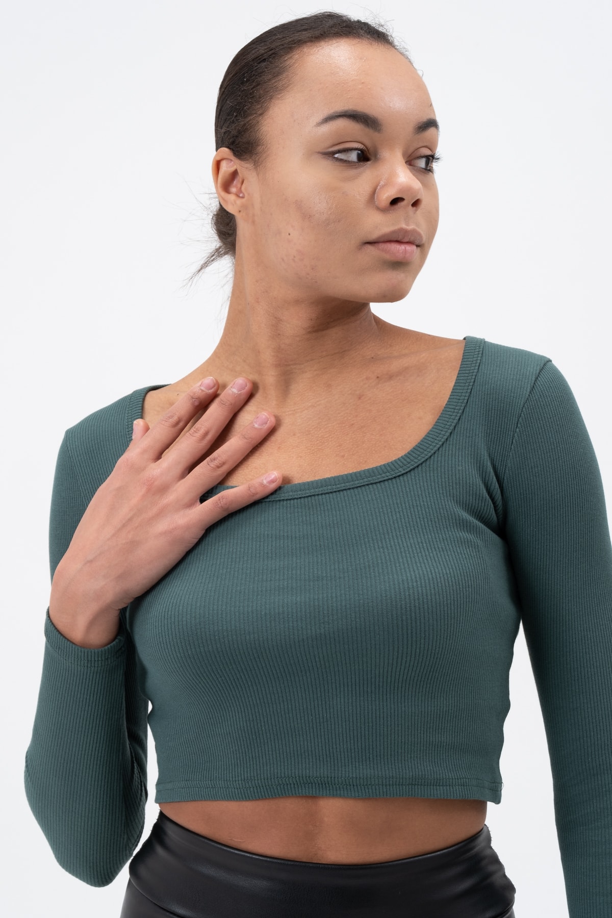 Kadın Gül Kurusu Uzun Kollu Kare Yaka Fitilli Bluz