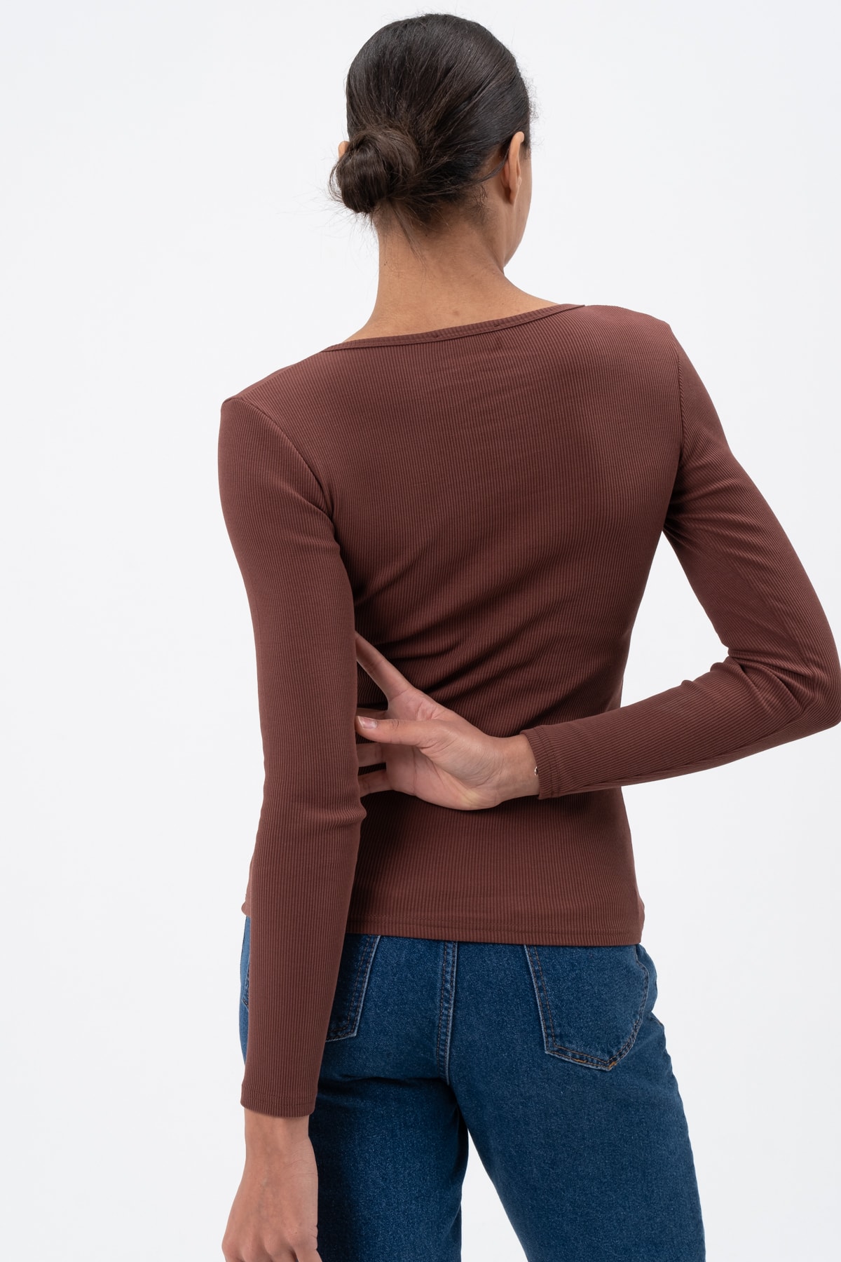 Kadın Kahverengi Çıtçıtlı Örme Uzun Kollu Bluz