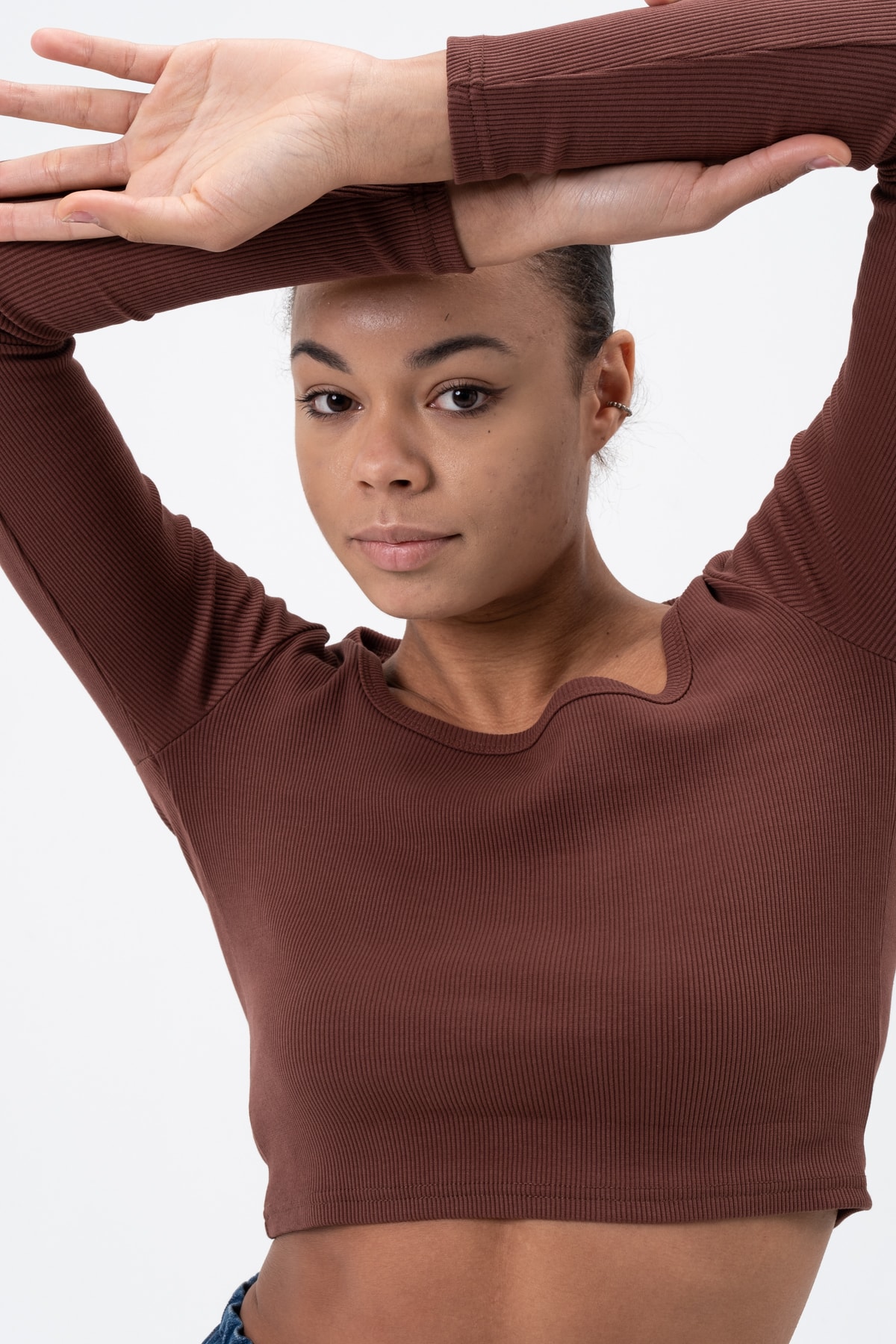 Kadın Gül Kurusu Uzun Kollu Kare Yaka Fitilli Bluz