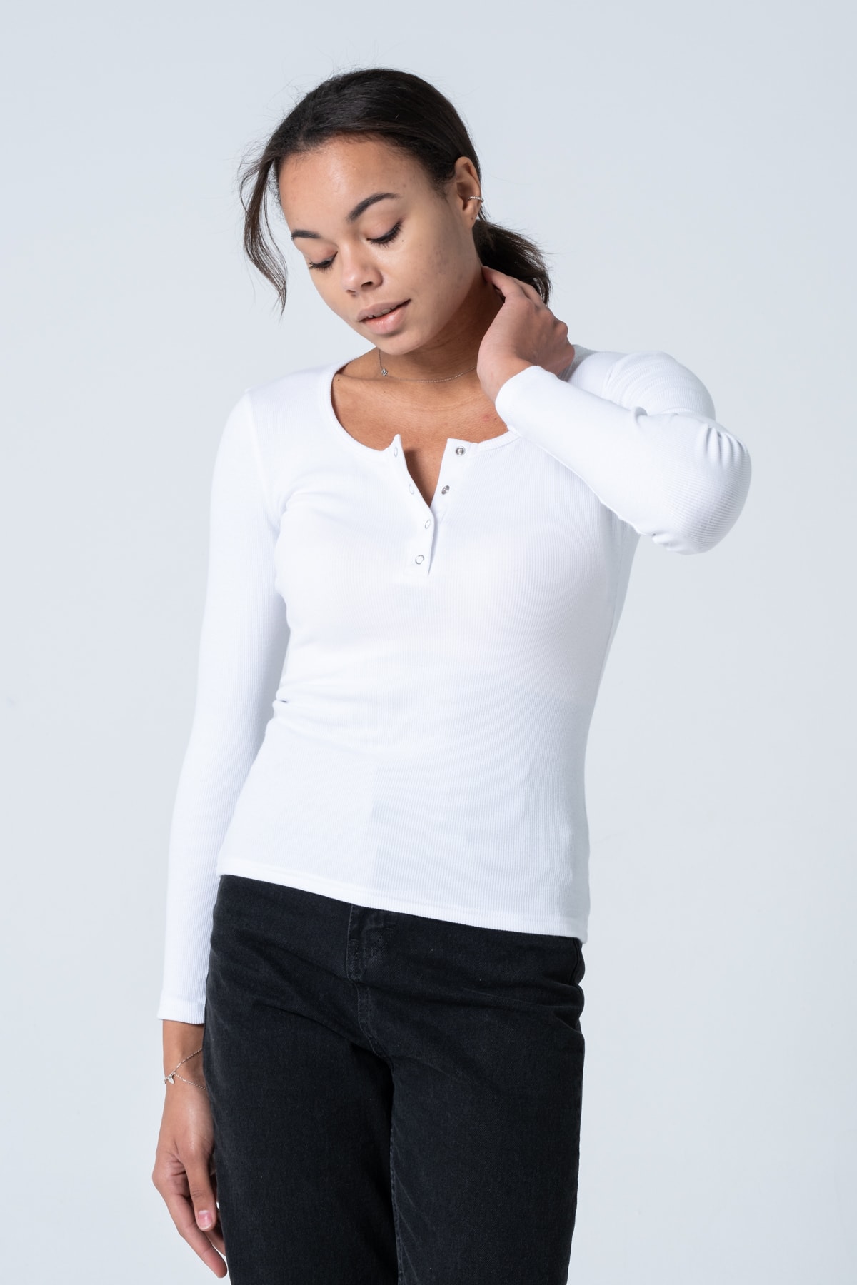 Kadın Kahverengi Çıtçıtlı Örme Uzun Kollu Bluz