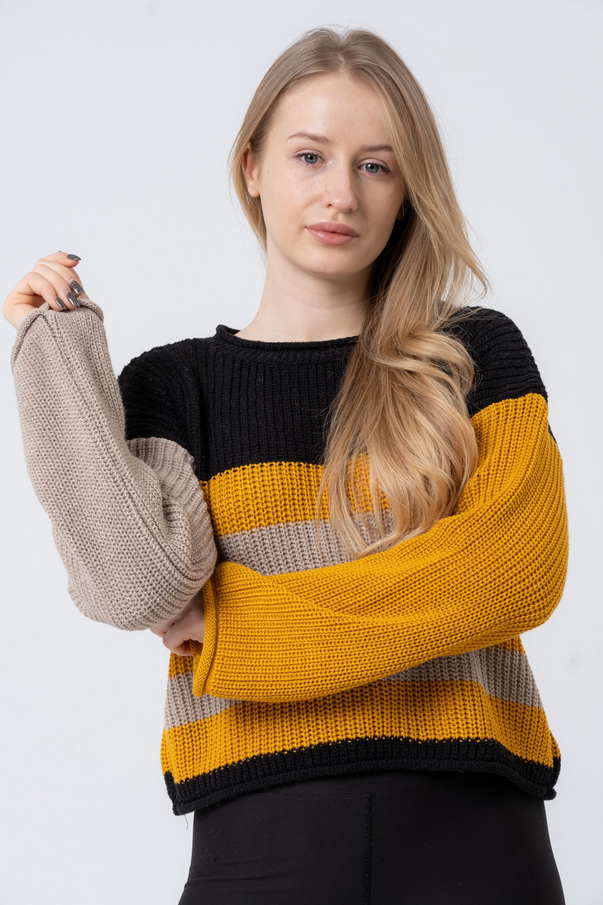 Kadın Bisiklet Yaka Çizgili Uzun Kollu Triko Kazak