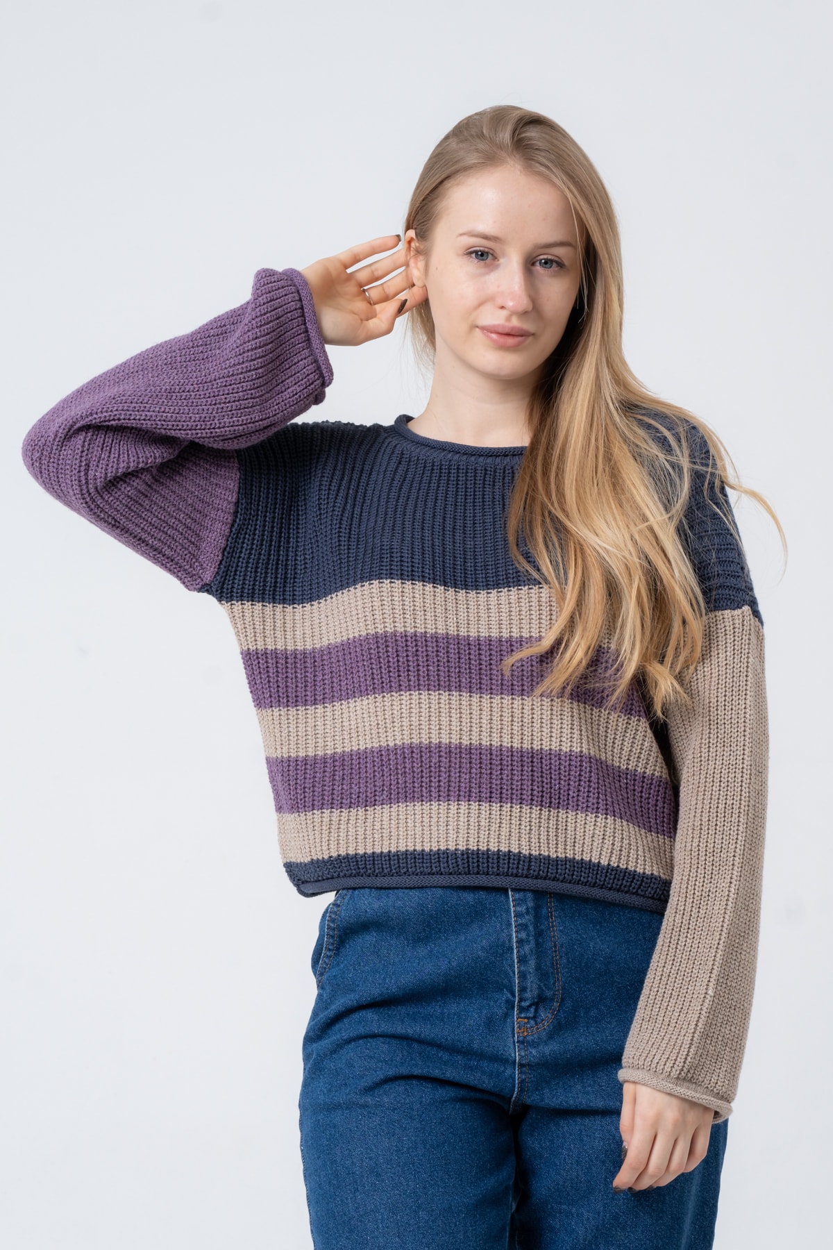 Kadın Bisiklet Yaka Çizgili Uzun Kollu Triko Kazak