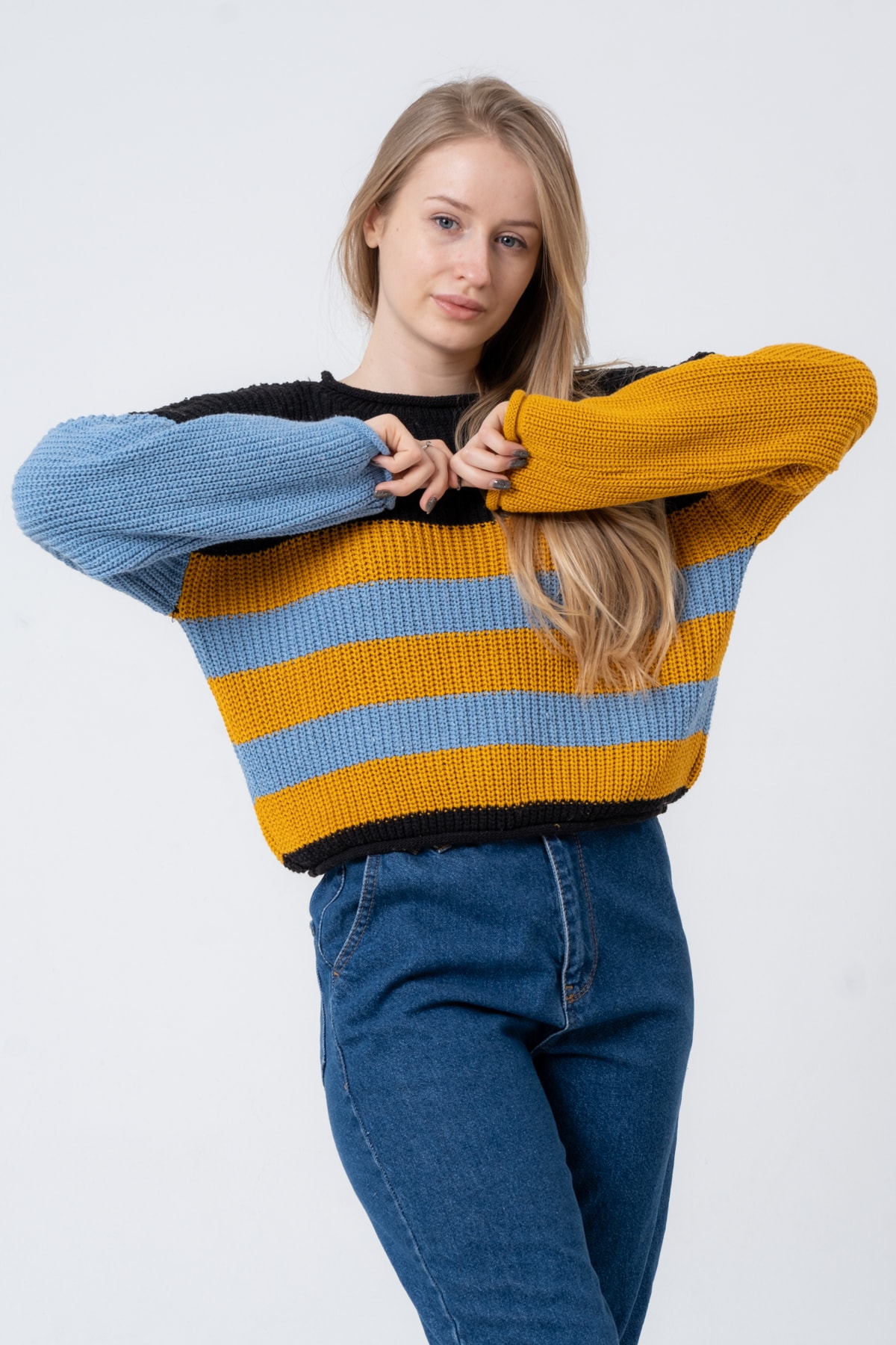 Kadın Bisiklet Yaka Çizgili Uzun Kollu Triko Kazak