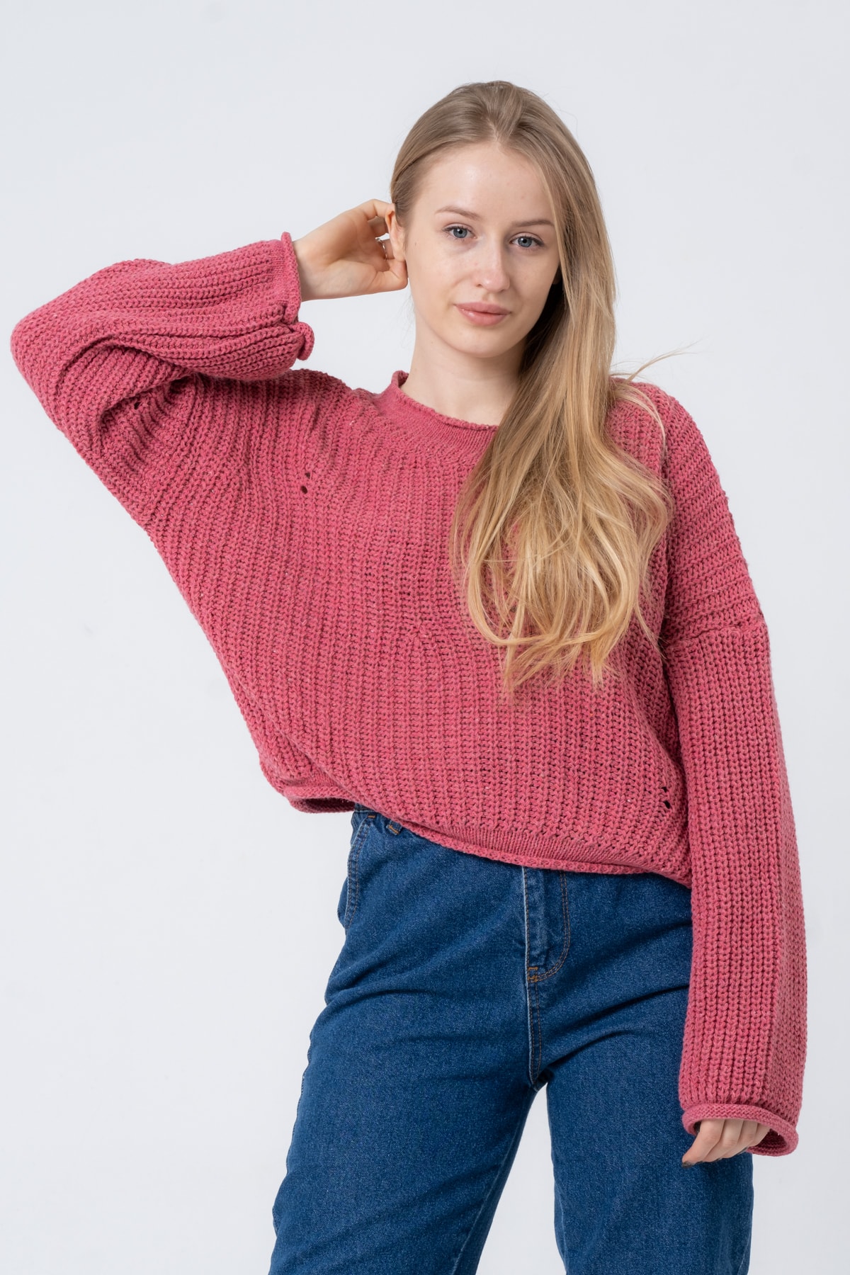 Kadın Pembe Geniş Uzun Kollu Triko Kazak