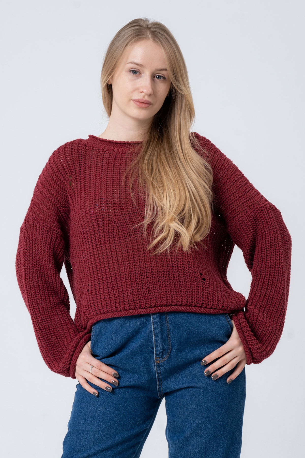 Kadın Pembe Geniş Uzun Kollu Triko Kazak