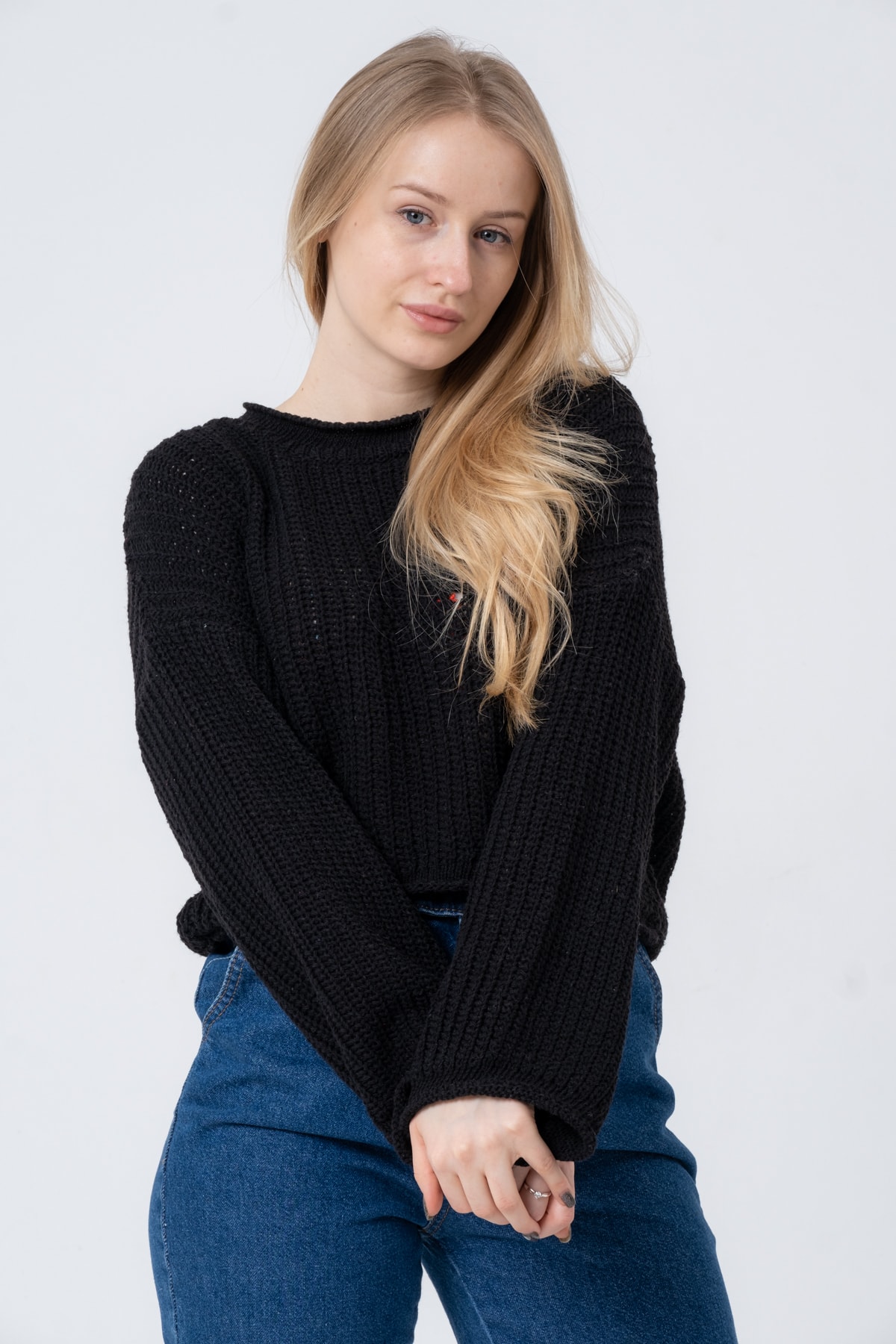 Kadın Pembe Geniş Uzun Kollu Triko Kazak