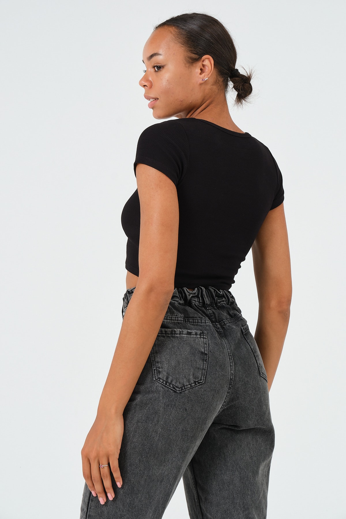 Kadın Sax Mavi U Yaka Kısa Kollu Crop Bluz