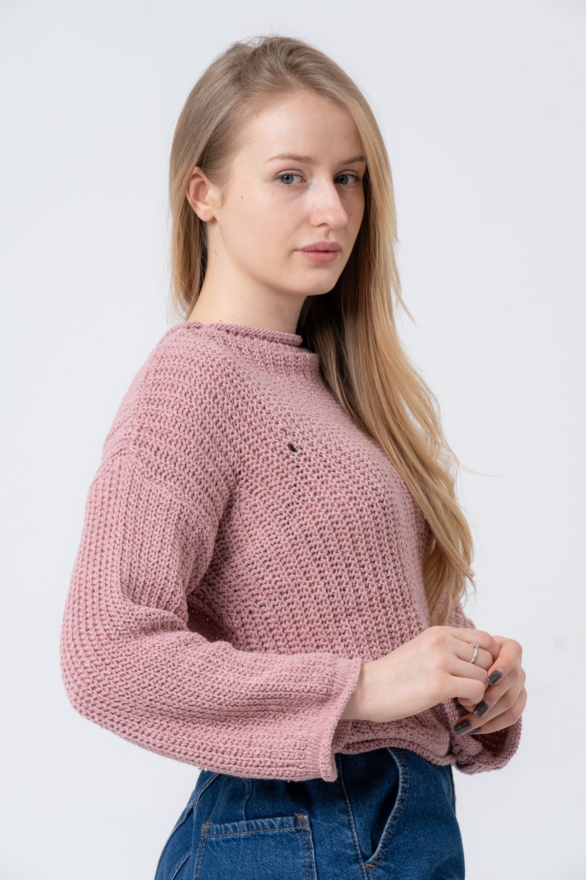 Kadın Pembe Geniş Uzun Kollu Triko Kazak