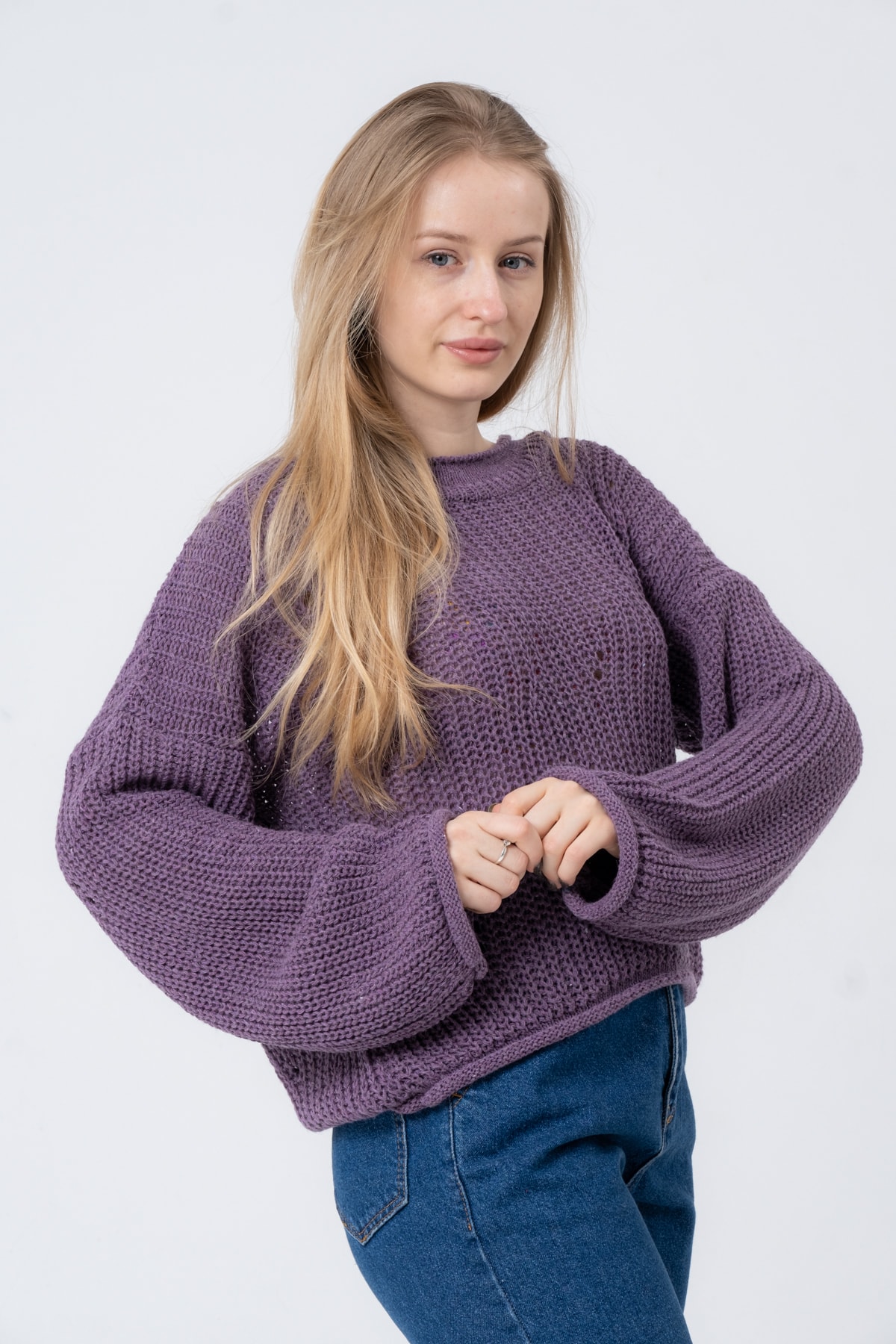 Kadın Pembe Geniş Uzun Kollu Triko Kazak