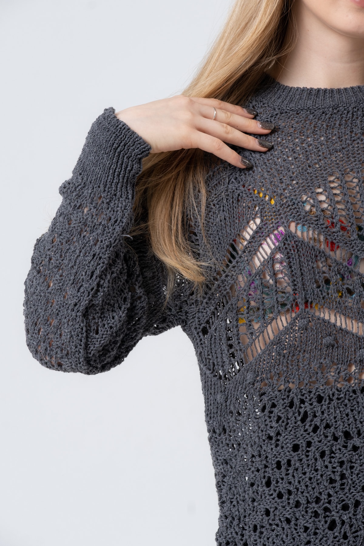 Kadın Antrasit Ajurlu Uzun Kollu Triko Kazak