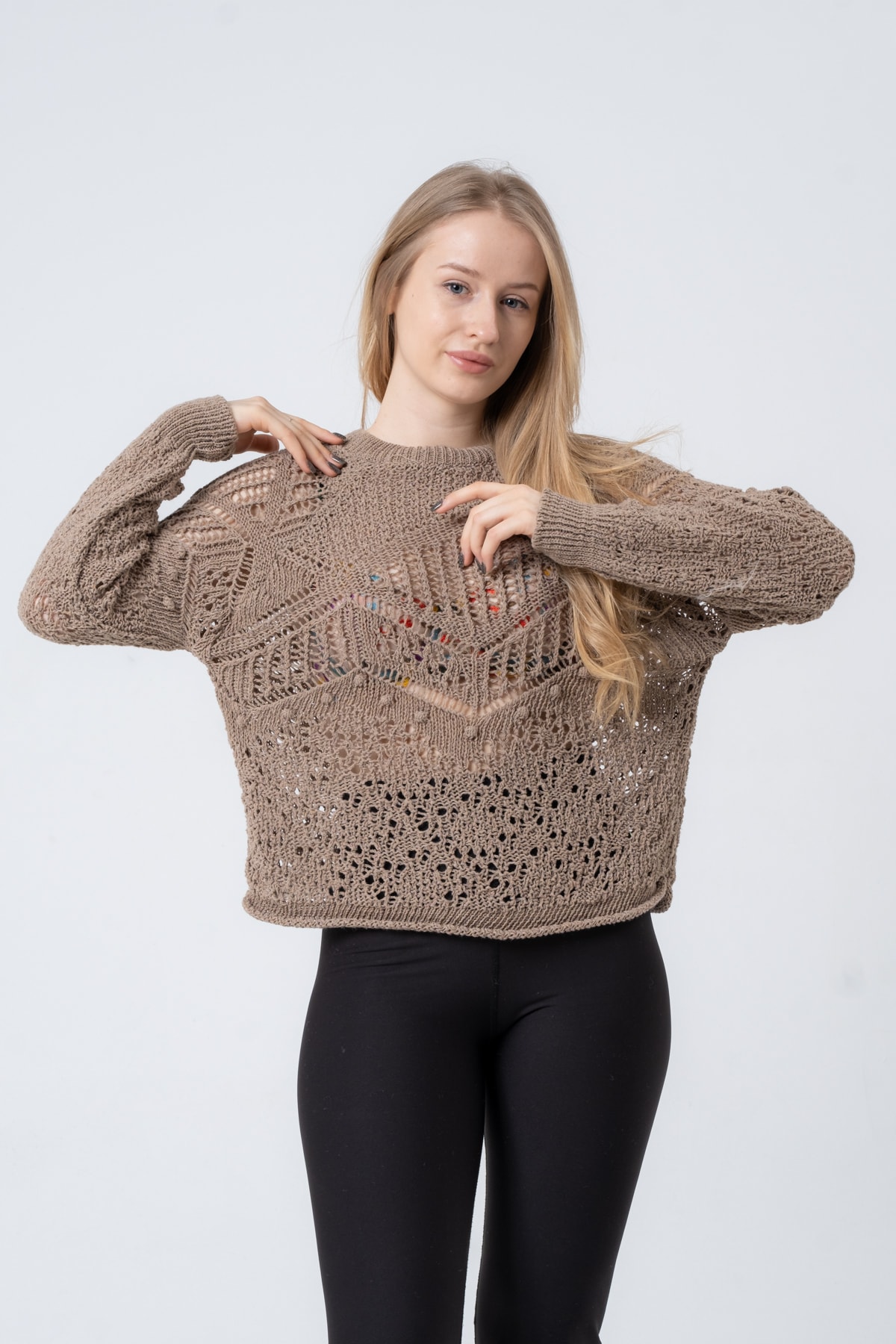 Kadın Antrasit Ajurlu Uzun Kollu Triko Kazak