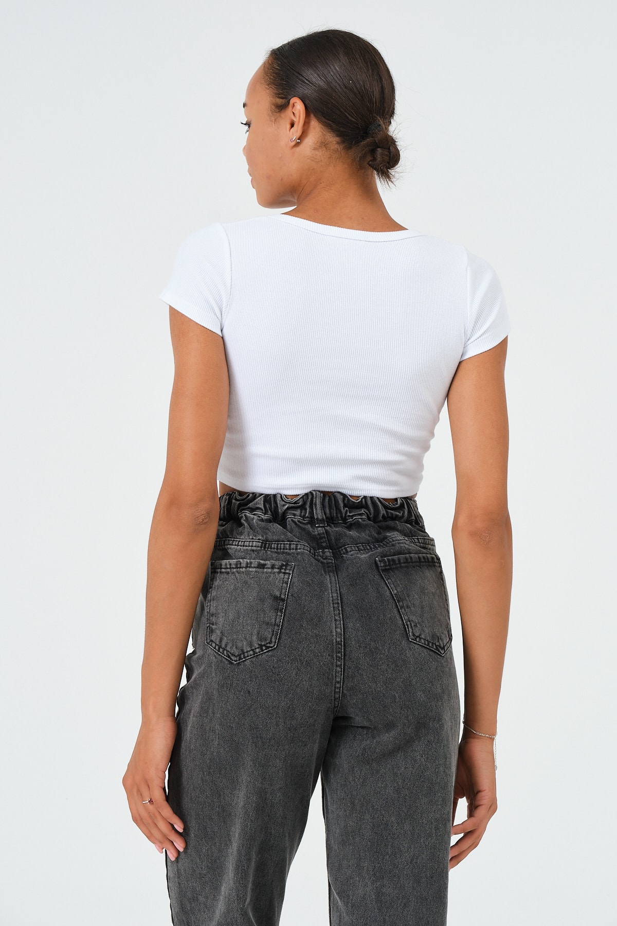 Kadın Sax Mavi U Yaka Kısa Kollu Crop Bluz